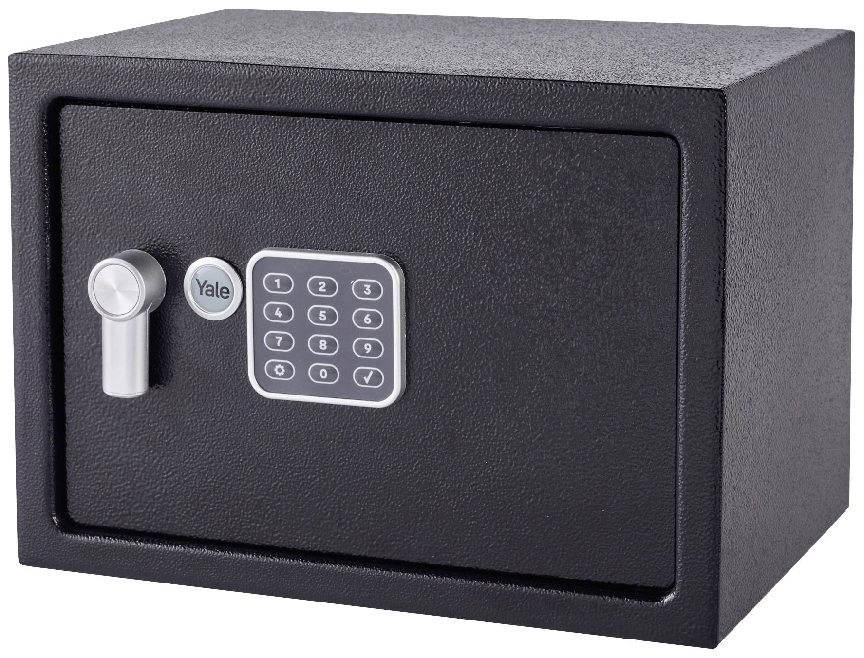 Un coffre-fort noir avec un clavier électronique et un bouton rotatif sur la façade.