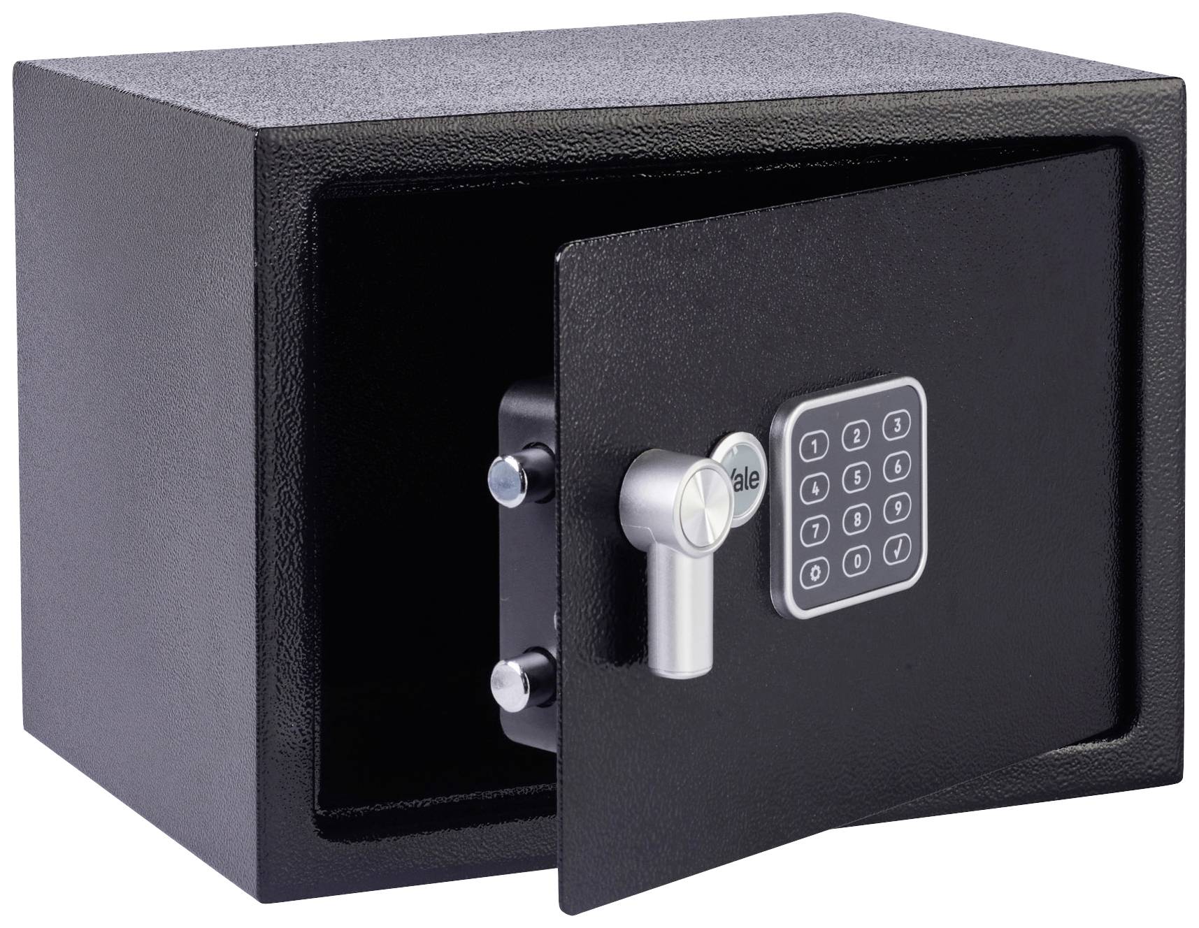 Un coffre-fort ouvert avec un verrou électronique à code, adapté pour le rangement sécurisé d'objets de valeur et de documents.