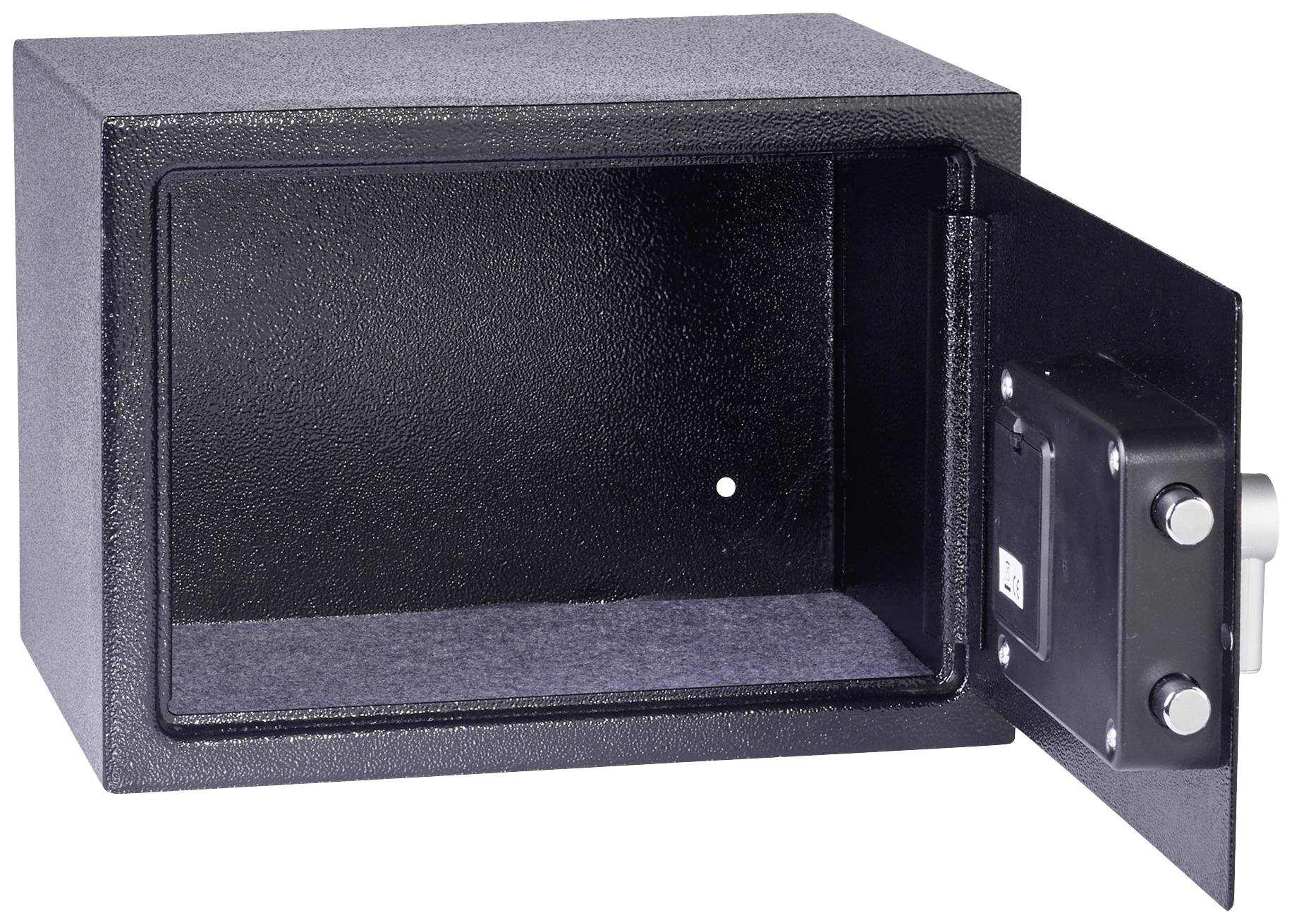 Coffre-fort ouvert avec porte ouverte et intérieur vide, construction en acier noir, adapté pour la conservation d'objets de valeur.