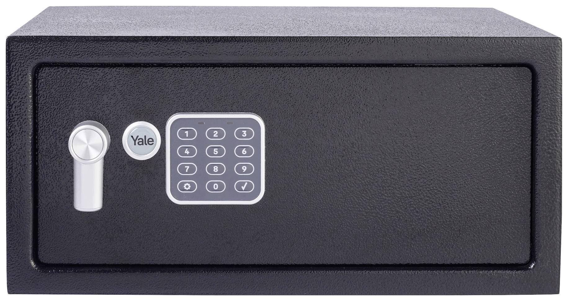 Coffre-fort noir avec serrure électronique à code et une poignée tournante sur le côté gauche de la porte.