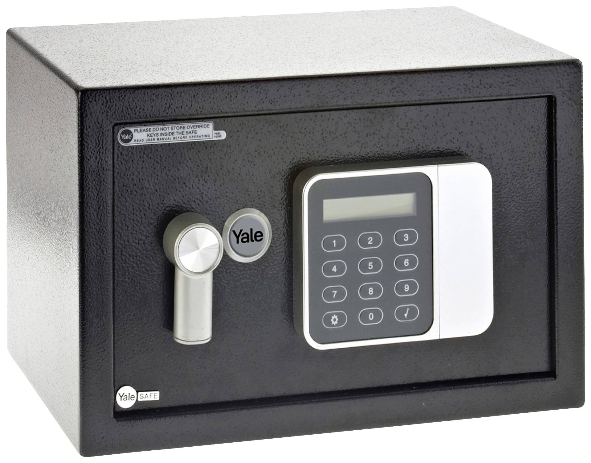 Coffre-fort noir avec serrure numérique digitale et bouton rotatif, adapté pour le rangement sécurisé d'objets de valeur.