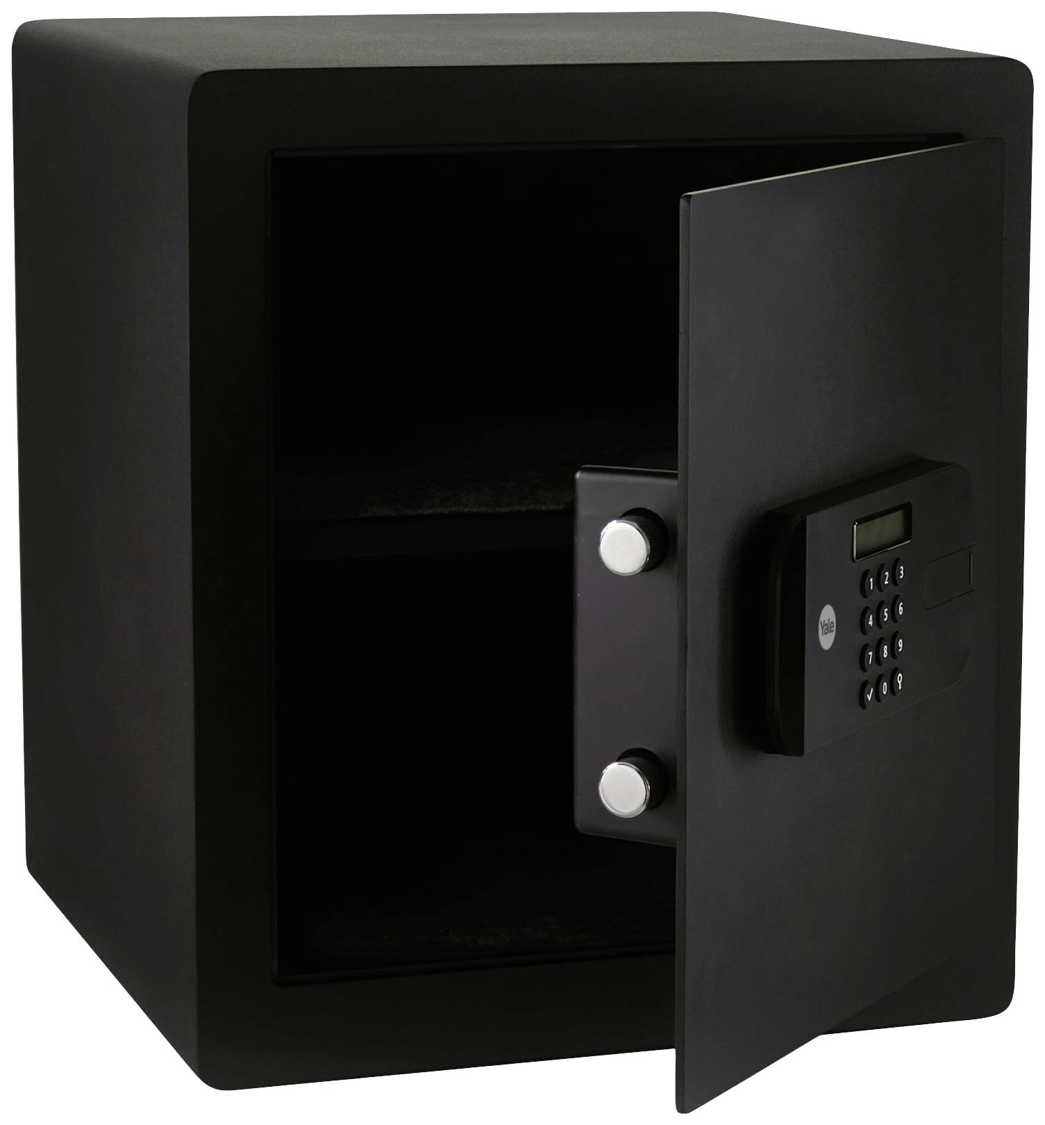 Coffre-fort noir avec porte ouverte et serrure numérique, montrant un intérieur vide avec deux compartiments.