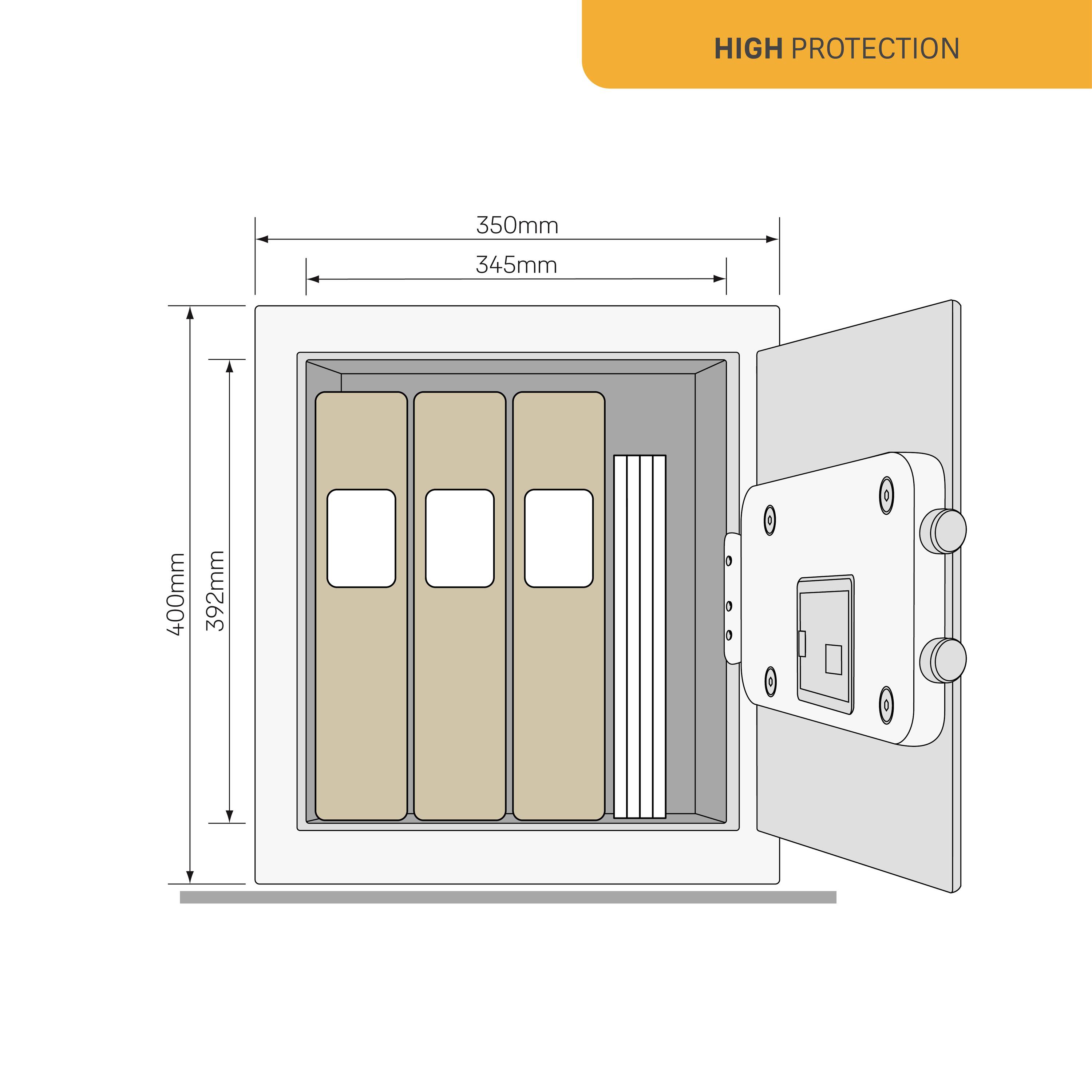 Coffre-fort à porte ouverte. À l'intérieur, 3 classeurs et un document. Dimensions extérieures : 400x350mm, dimensions intérieures : 392x345mm. Texte en haut : 'Haute Protection'.
