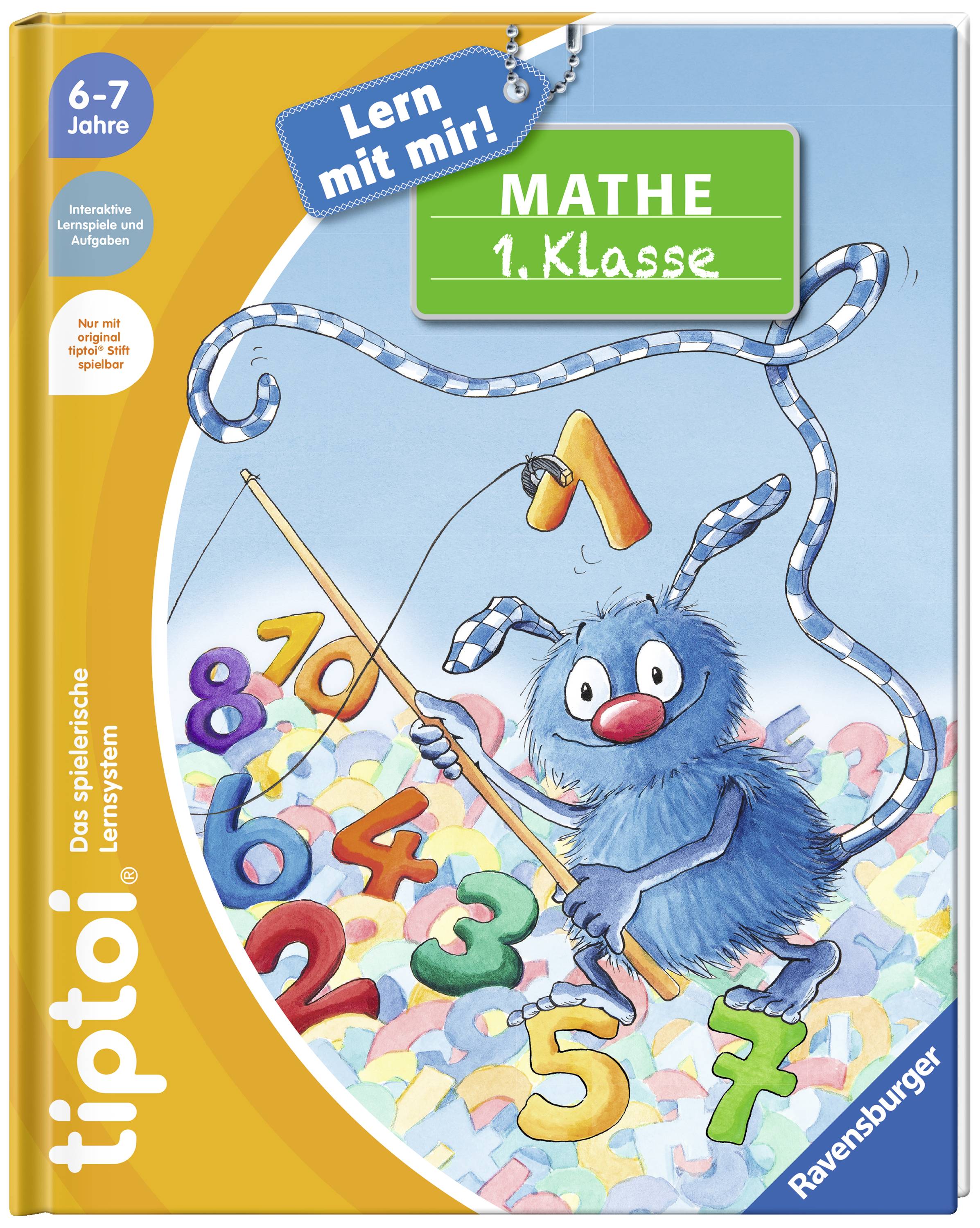 Livre de mathématiques pour 1ère année avec des chiffres. Sur la couverture, un monstre bleu avec un nez rouge. Pour enfants de 6-7 ans. Ravensburger.