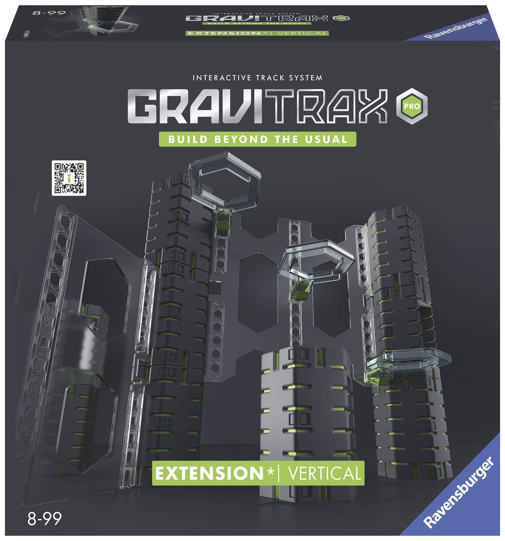 Emballage du set d'extension GraviTrax Pro 'Vertical' de Ravensburger. Présente des tours avec des éléments verts. Convient aux personnes âgées de 8 à 99 ans.