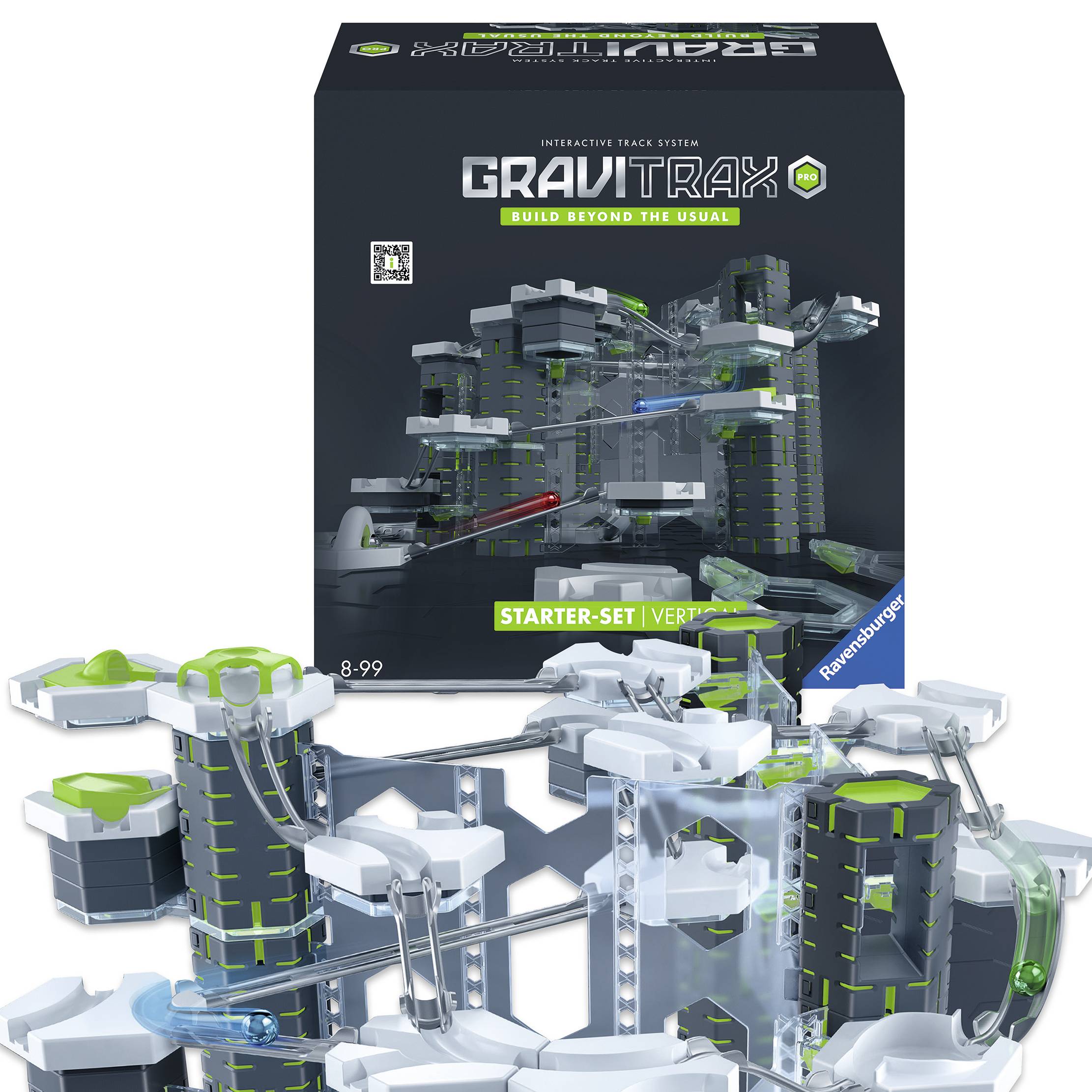 Le kit 'GraviTrax Ensemble de Démarrage Vertical' illustré présente divers modules de parcours de billes et tours permettant de créer un circuit de billes en 3D.
