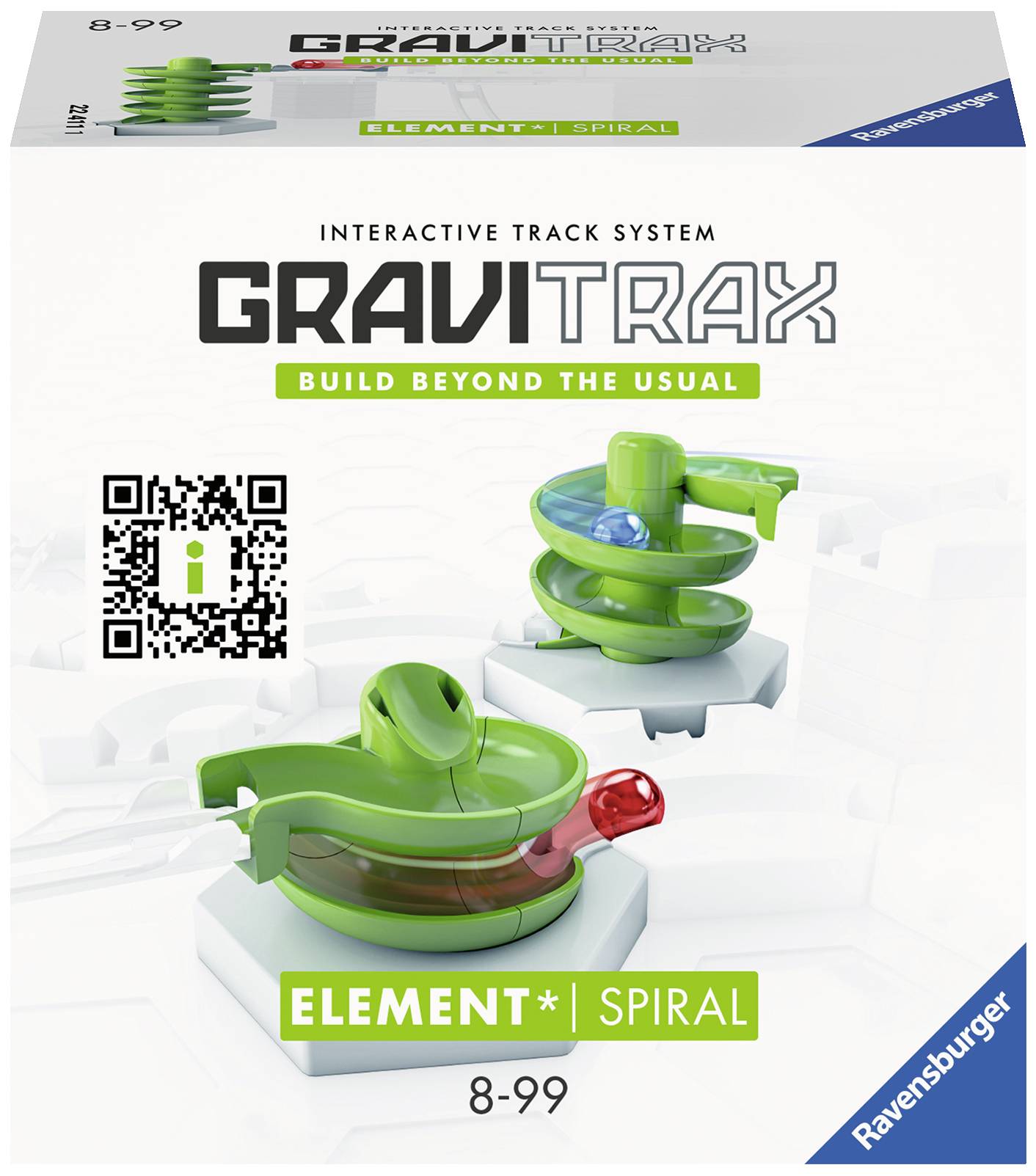 Emballage de 'GraviTrax Élément Spirale', un système de circuit à billes interactif pour enfants de 8 à 99 ans. Contient un code QR.
