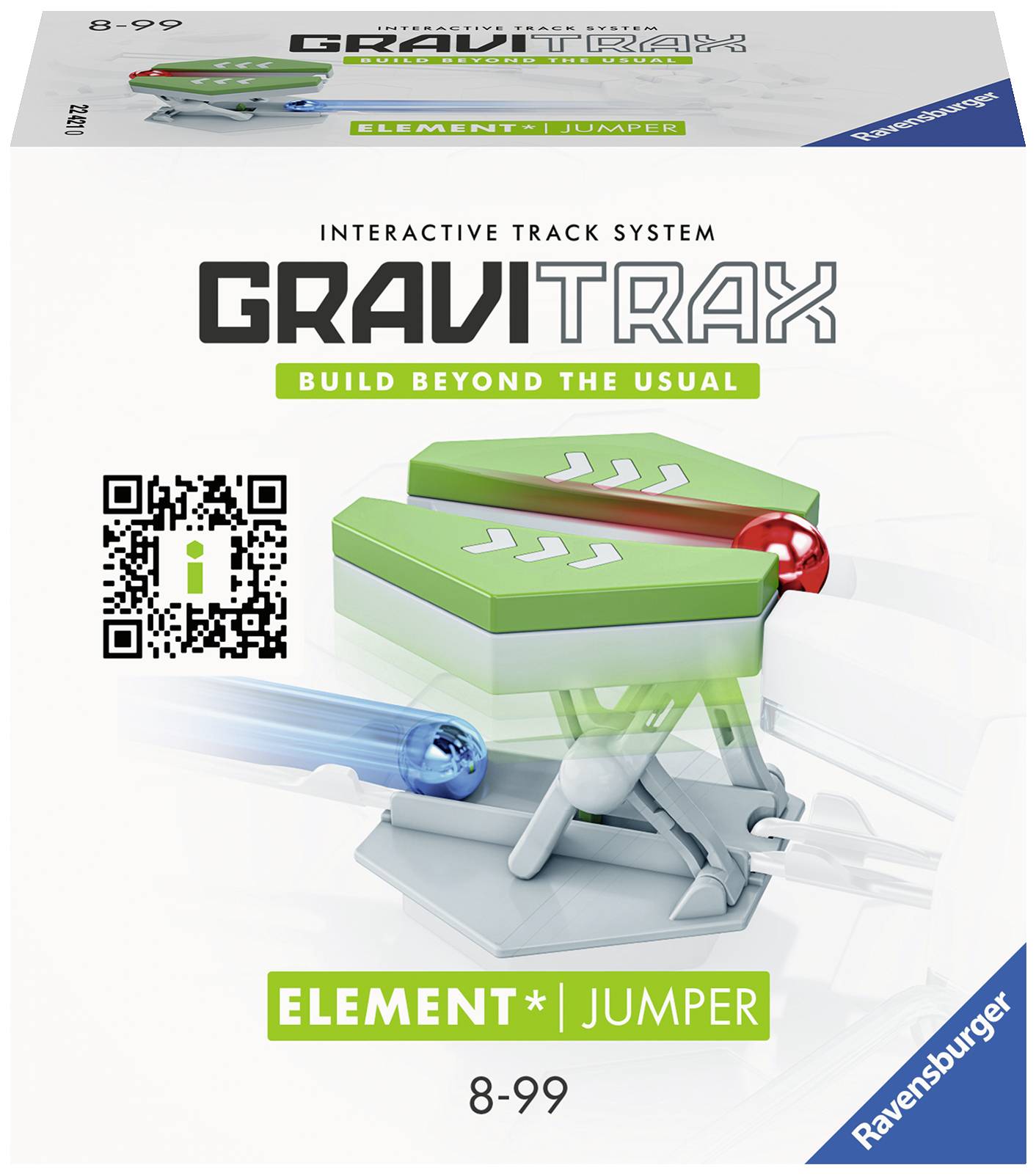 Emballage de 'GraviTrax Élément Sauteur' avec système de piste interactif et code QR, adapté aux âges 8-99 ans par Ravensburger.
