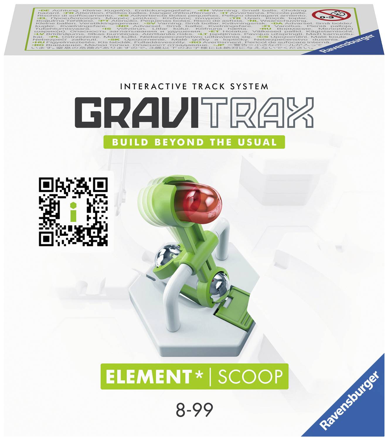 Emballage du GraviTrax 'Element Scoop' pour circuit de billes interactif, recommandé pour les enfants de 8 à 99 ans, marque Ravensburger.