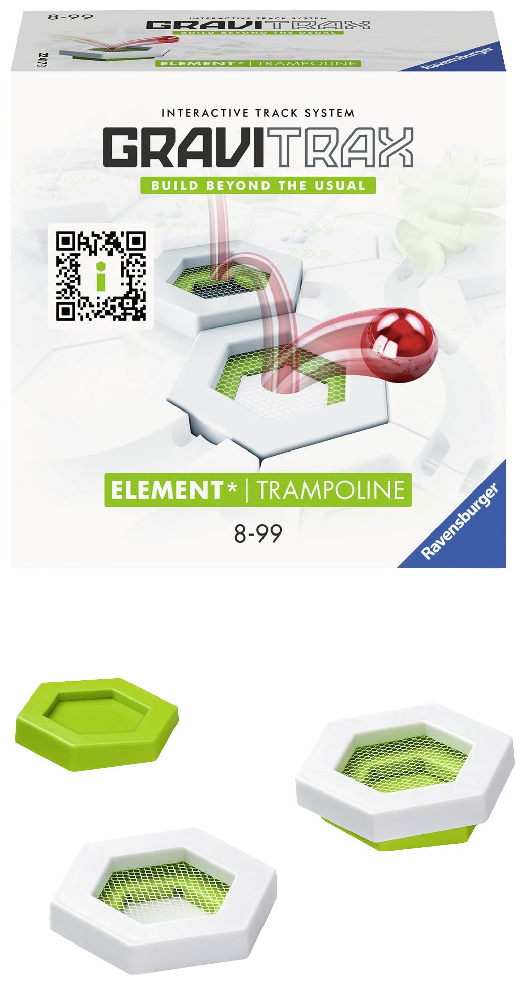 Emballage de l'élément Trampoline GraviTrax de Ravensburger avec image de la composante du trampoline. Convient aux personnes âgées de 8 à 99 ans.