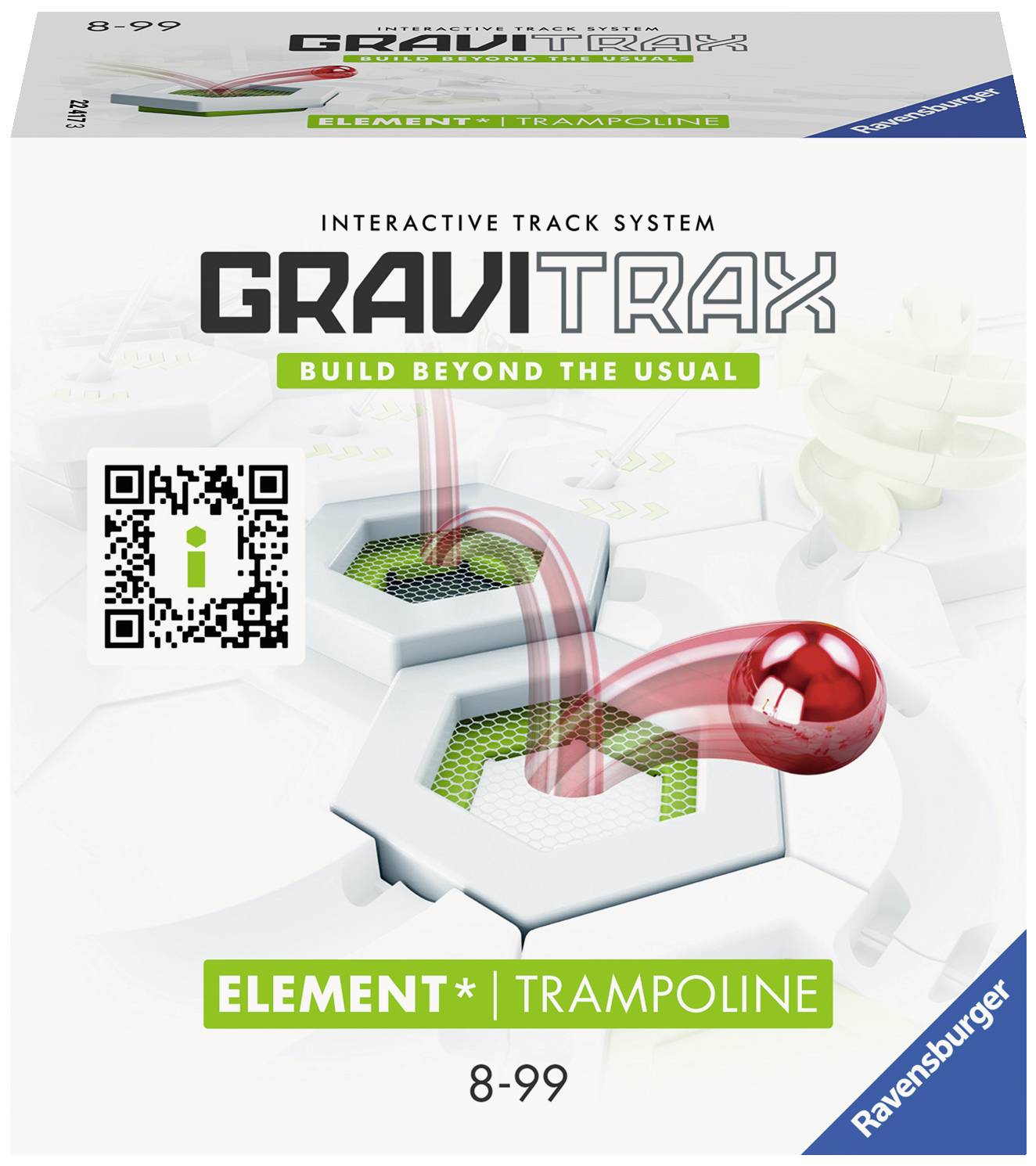 Emballage 'GraviTrax Élément Trampoline'. Système de circuit interactif à partir de 8 ans. Logo Ravensburger en bas à droite. Contient un code QR.