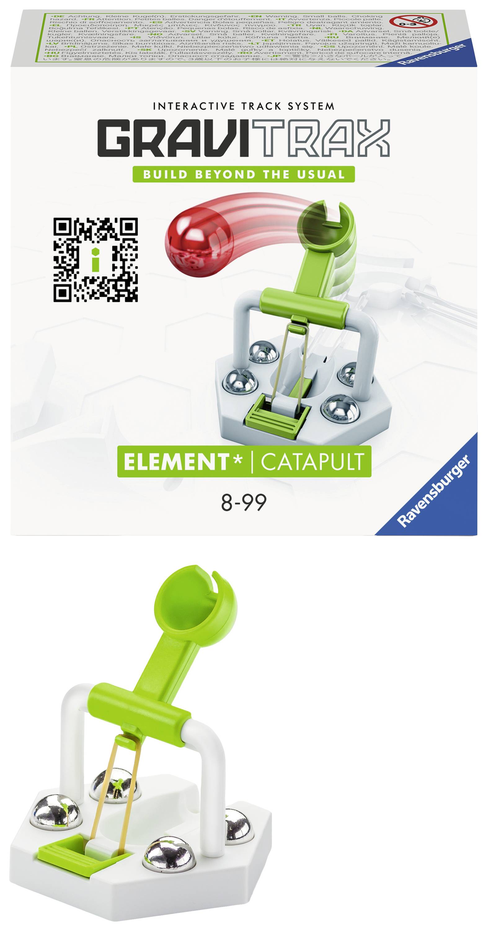 L'image montre l'emballage et le jouet 'GraviTrax Catapult'. C'est un élément d'un système de circuit de billes interactif destiné aux enfants à partir de 8 ans.