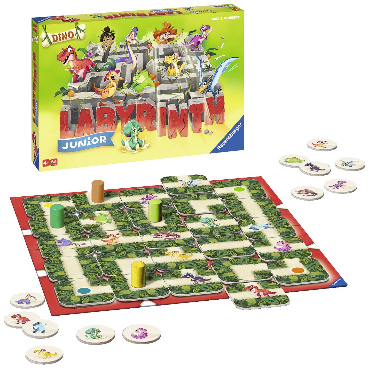 Jeu de société 'Labyrinthe des Dinosaures Junior', montrant des figurines de dinosaures sur un plateau de labyrinthe coulissant avec des cartes et des pions de jeu.