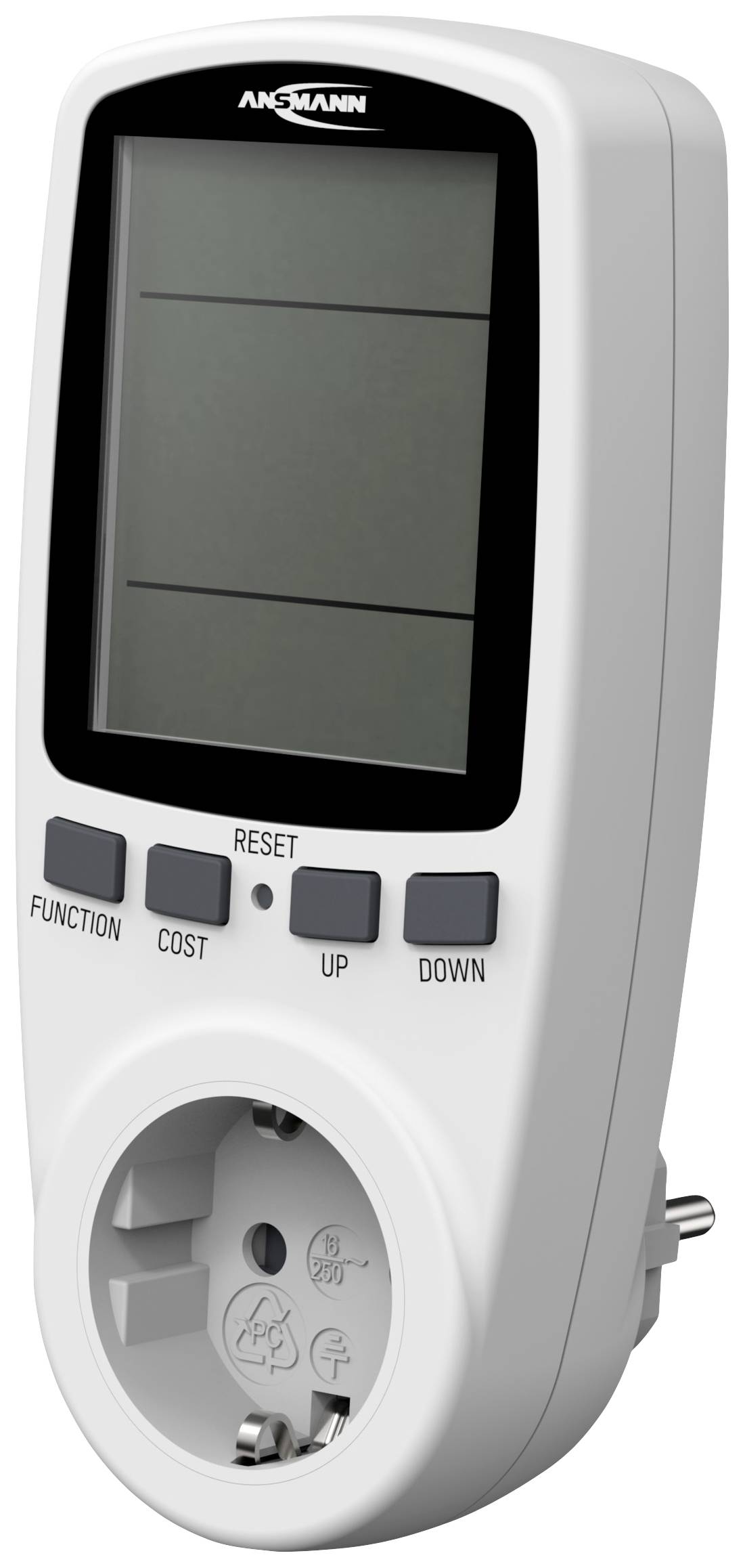 Un wattmètre avec écran et boutons de commande, qui se branche directement dans une prise électrique pour mesurer la consommation d'électricité.