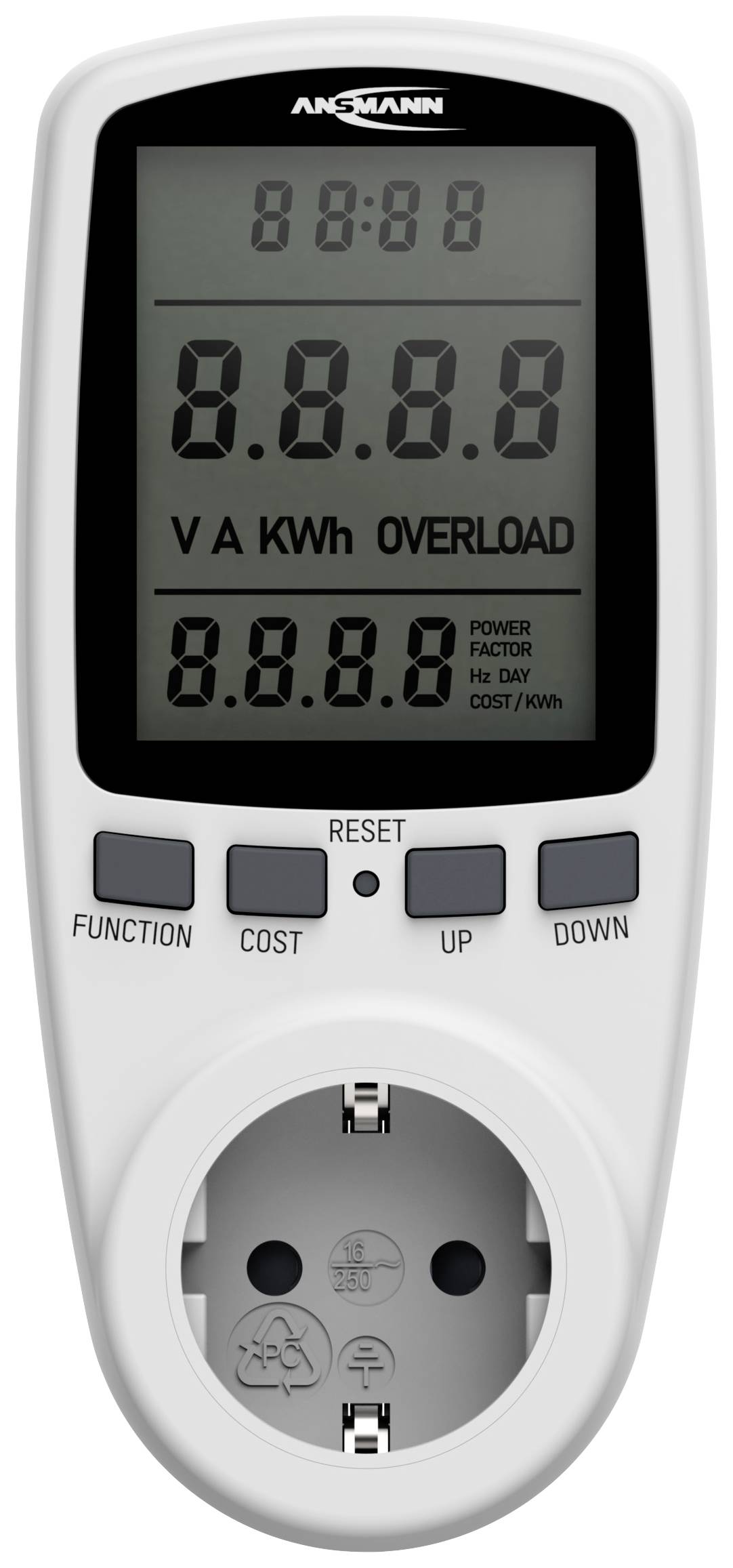 Appareil de mesure de courant avec affichage numérique indiquant la consommation électrique en V, A, kWh, et un indicateur de surcharge. Touches de fonction et de configuration.