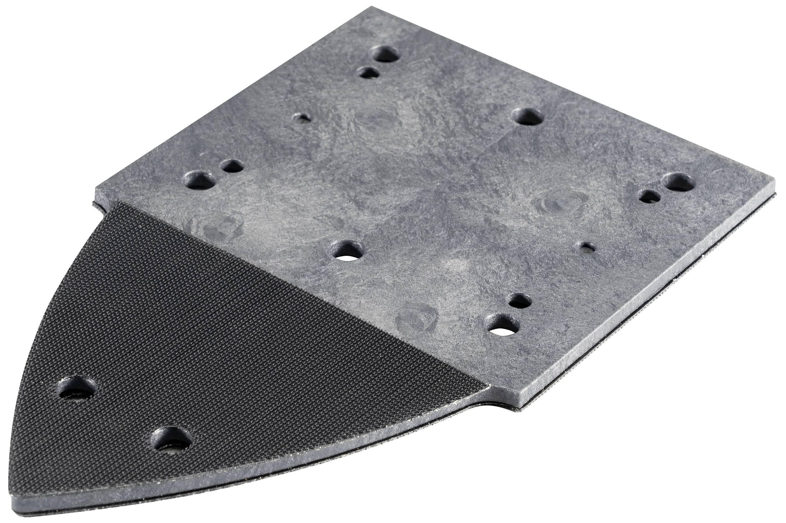 Une plaque métallique noire, plate, comportant plusieurs perforations, utilisée à des fins de fixation ou de montage de machines.