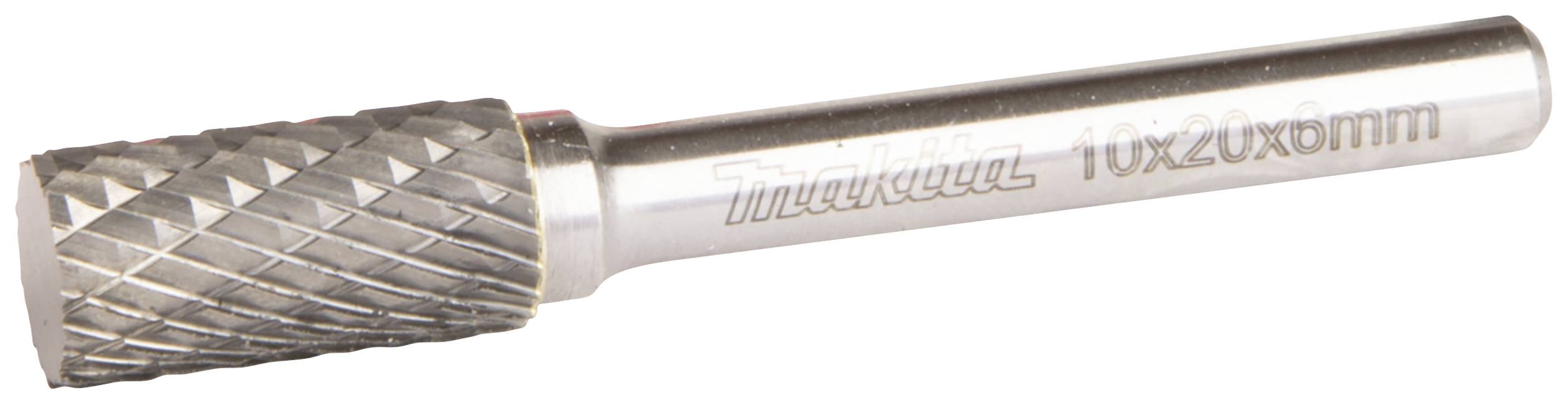 Fraise en carbure avec tête cylindrique, adaptée au meulage des surfaces métalliques. Sur la tige est inscrit 'Makita 10x20x6 mm'.