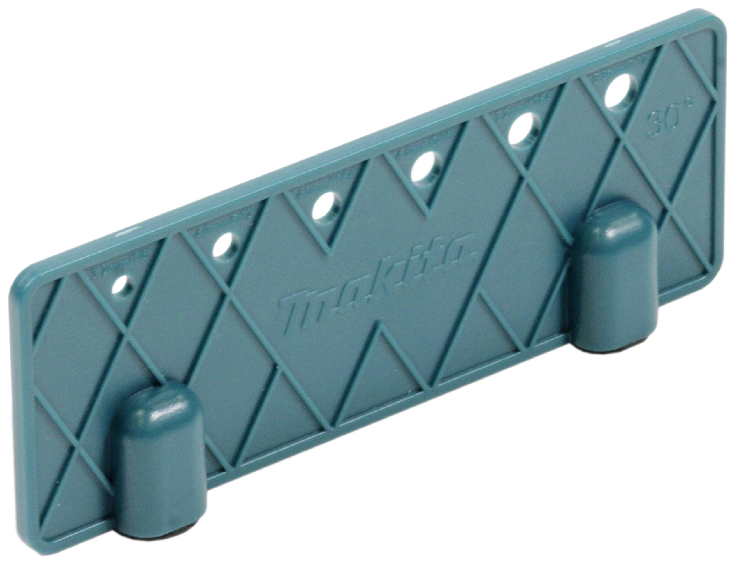 Un outil en plastique bleu-vert avec un motif quadrillé et plusieurs trous ; utilisé comme rapporteur d'angle.