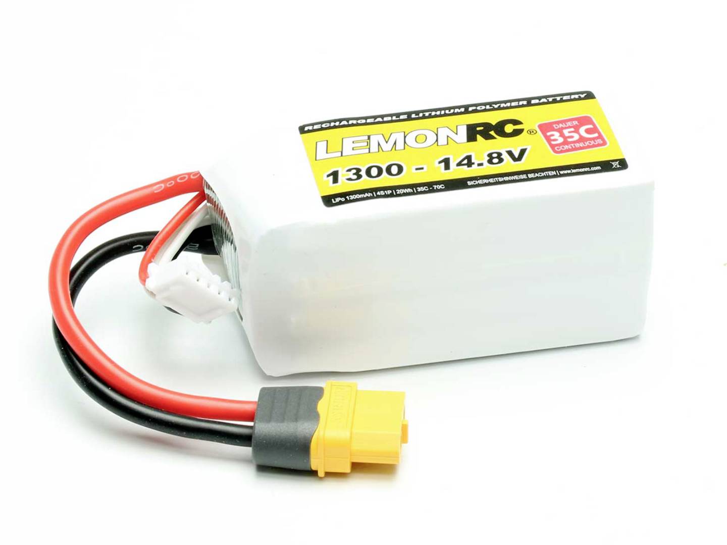 Batterie Lithium-Polymère de LemonRC d'une capacité de 1300mAh et d'une tension de 14,8V, adaptée pour la modélisme. Comprend des câbles de connexion rouge et noir.