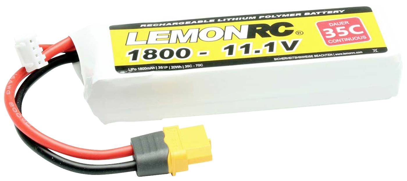 'LEMONRC 1800 - 11.1V' Batterie LiPo. Boîtier blanc, câbles rouge et noir, connecteur jaune. Texte : 'BATTERIE LITHIUM POLYMÈRE RECHARGEABLE'.