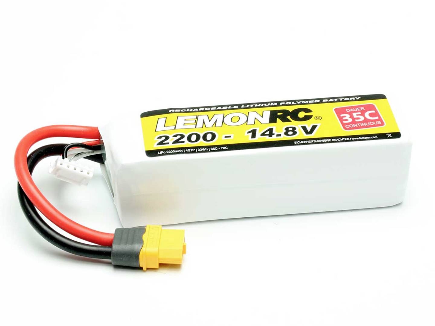 Batterie Lithium-Polymère : 'LEM0NRC 2200 - 14,8V', décharge continue 35C. Batterie blanche avec câble noir, rouge et connecteur jaune.