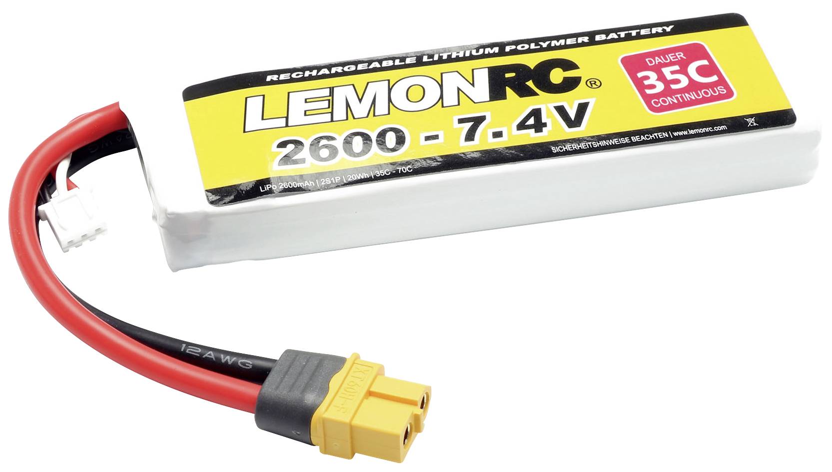 Batterie Lithium-Polymère avec étiquette jaune 'LemonRC 2600 - 7.4V', câble rouge et noir, connecteur jaune, assurant un courant permanent de 35C.