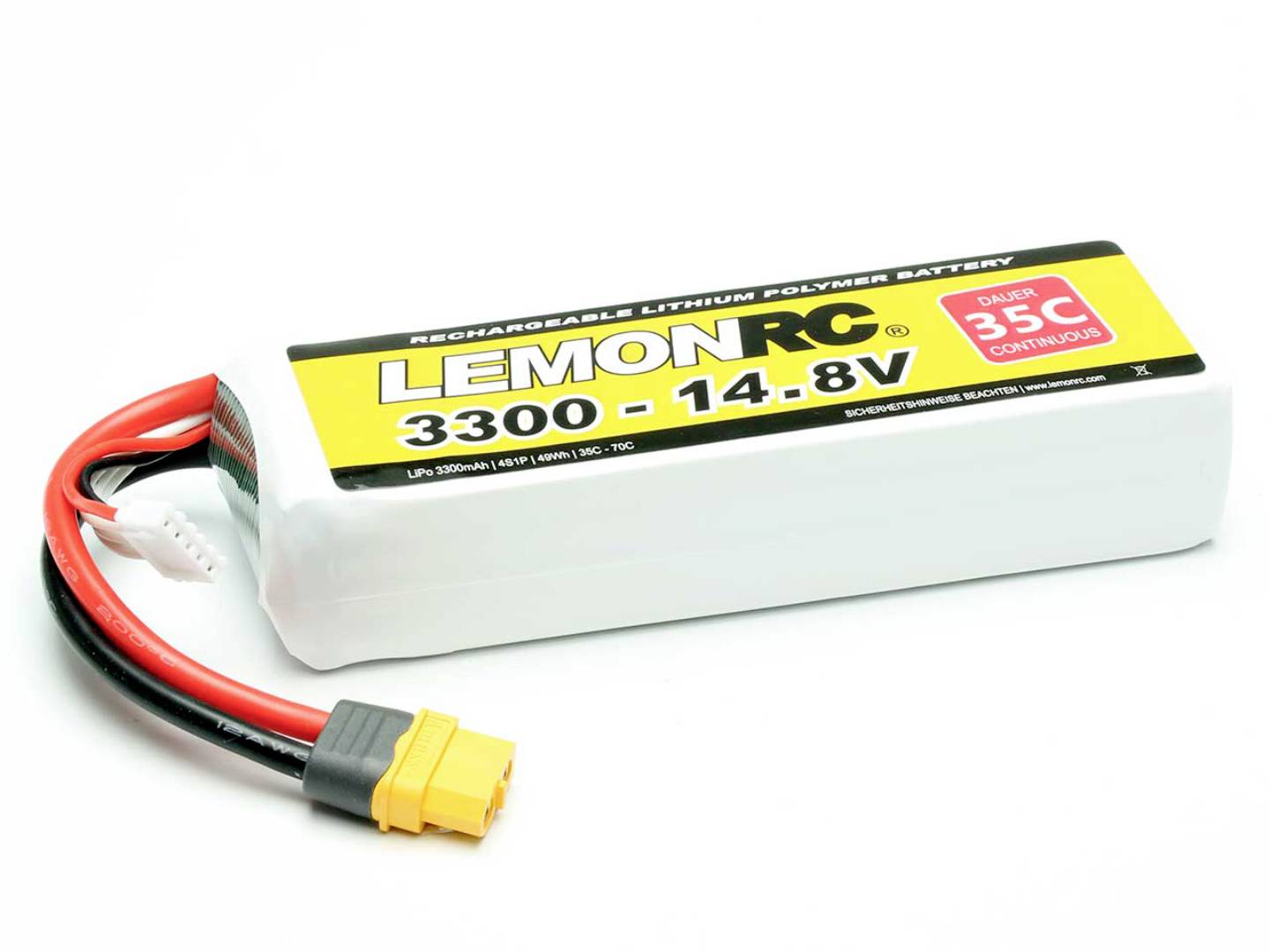 Batterie Lithium-Polymère de LemonRC, 3300 mAh, 14,8 V, version 35C, avec bornes rouges, noires et jaunes.
