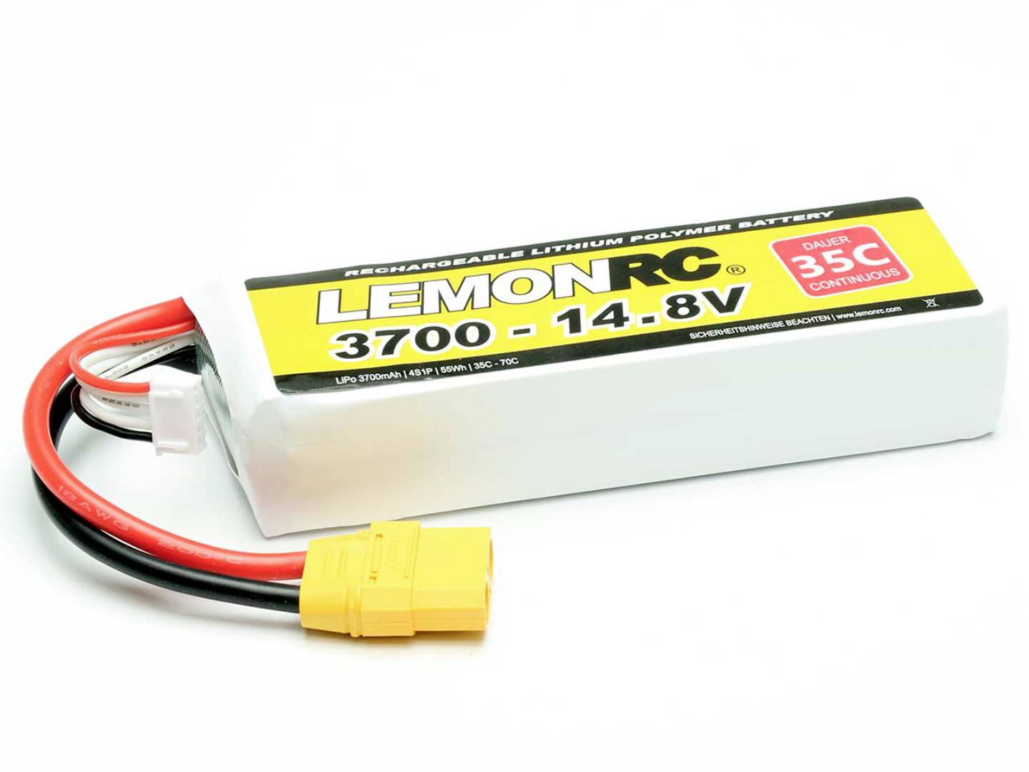 Batterie Lithium-Polymère de la marque LemonRC avec 3700 mAh, 14,8 V et un taux de décharge de 35C, équipée d'un connecteur jaune.