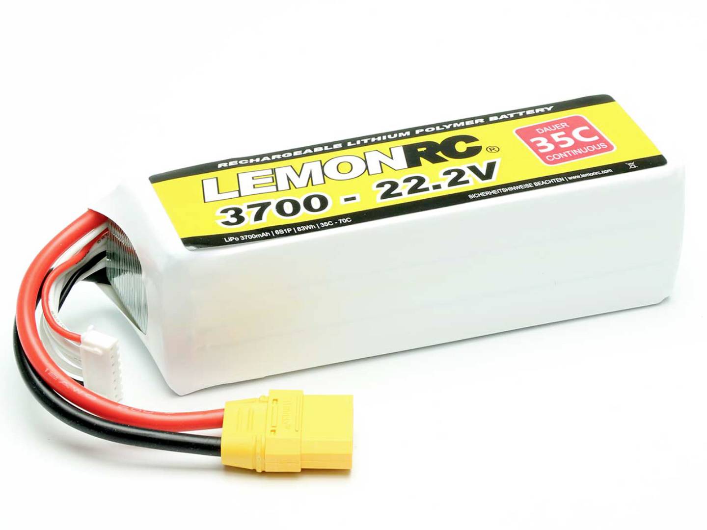 Une batterie Lithium-Polymère portant l'inscription 'LEMONRC 3700 - 22.2V 35C', avec une connexion jaune et des câbles rouges et noirs.