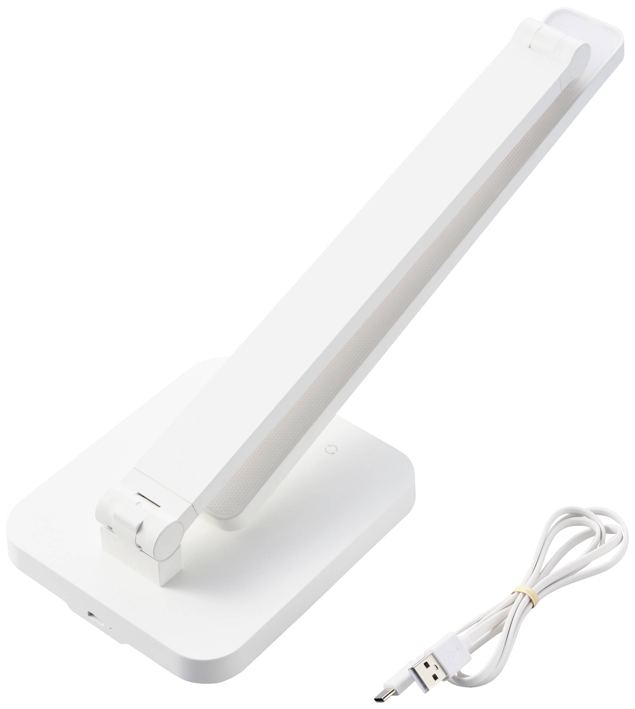 Lampe de table LED blanche pliable sur un socle carré, avec un câble de chargement USB à côté.