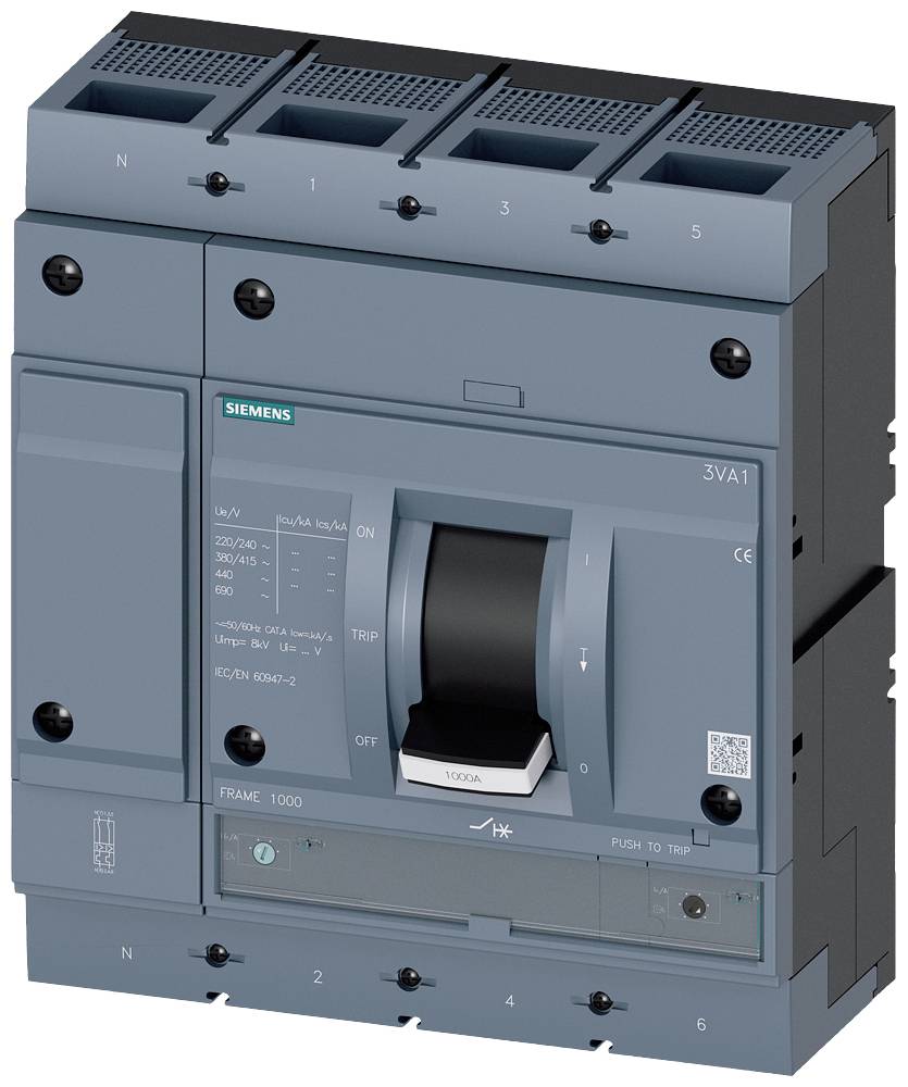 Un disjoncteur gris de Siemens avec un capot bleu, son levier de commande au centre, portant des spécifications techniques.