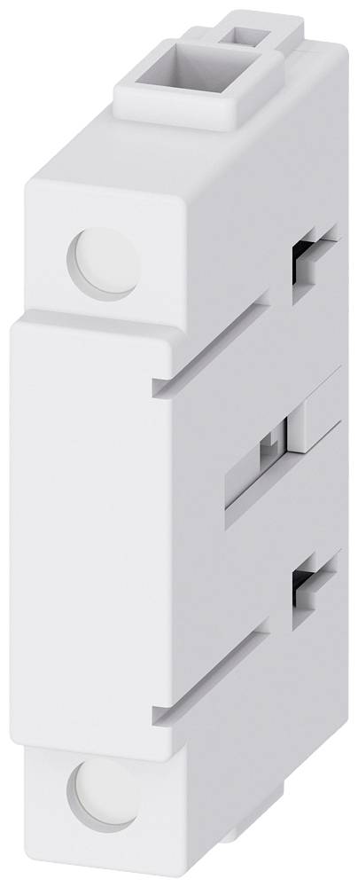Un bloc de bornes électrique blanc unique avec deux trous de fixation et plusieurs possibilités de connexion.
