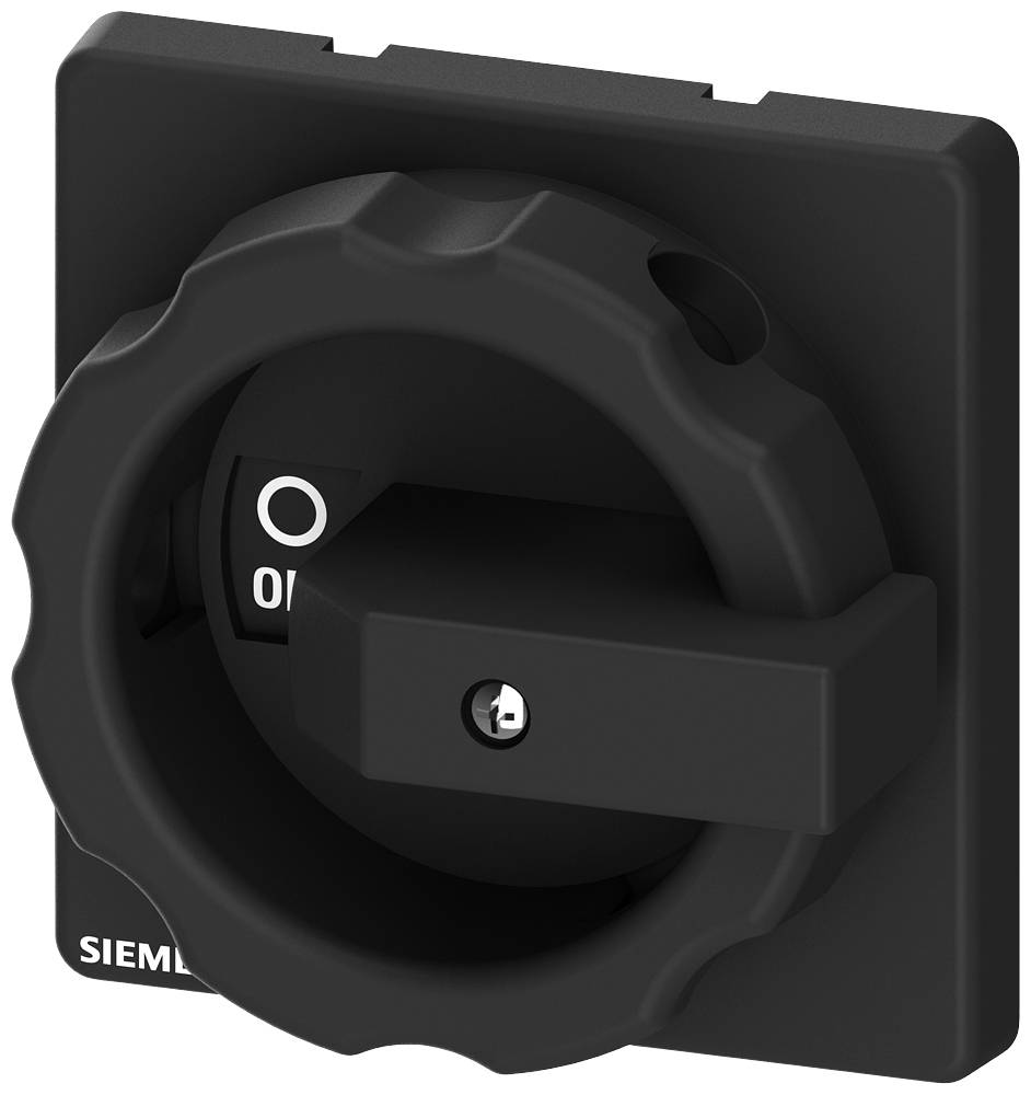 Un boîtier d'interrupteur carré noir de Siemens avec une poignée rotative indique les positions 'I' pour Marche et 'O' pour Arrêt.