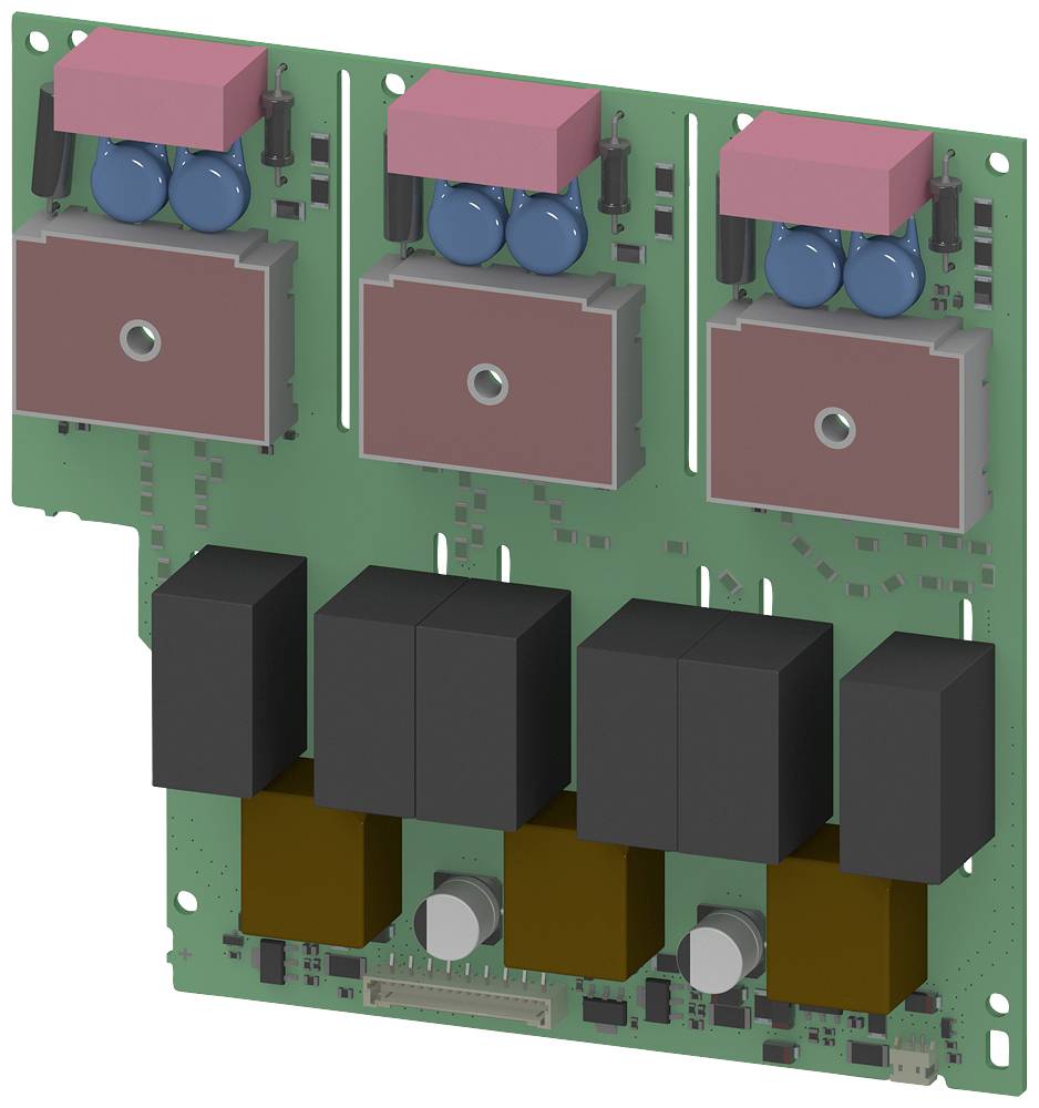 Circuit électronique avec divers composants colorés, comprenant des pièces roses, bleues et noires, sur une carte de circuit imprimé verte.