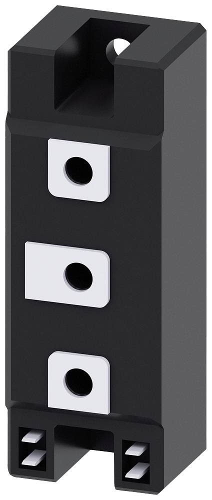 Un composant électrique noir avec trois bornes de connexion argentées, disposées verticalement, sur un fond clair.