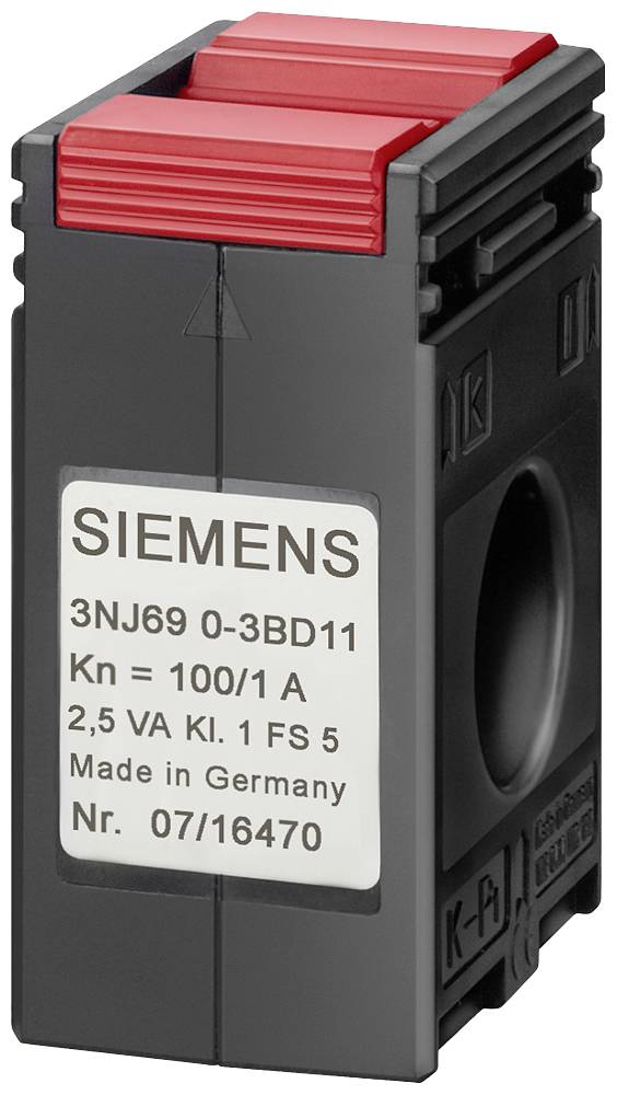 Composant Siemens noir avec détail rouge. Inscrit : '3NJ69 0-3BD11 Kn = 100/1 A 2,5 VA Cl. 1 FS 5 Fabriqué en Allemagne N° 07/16470'.