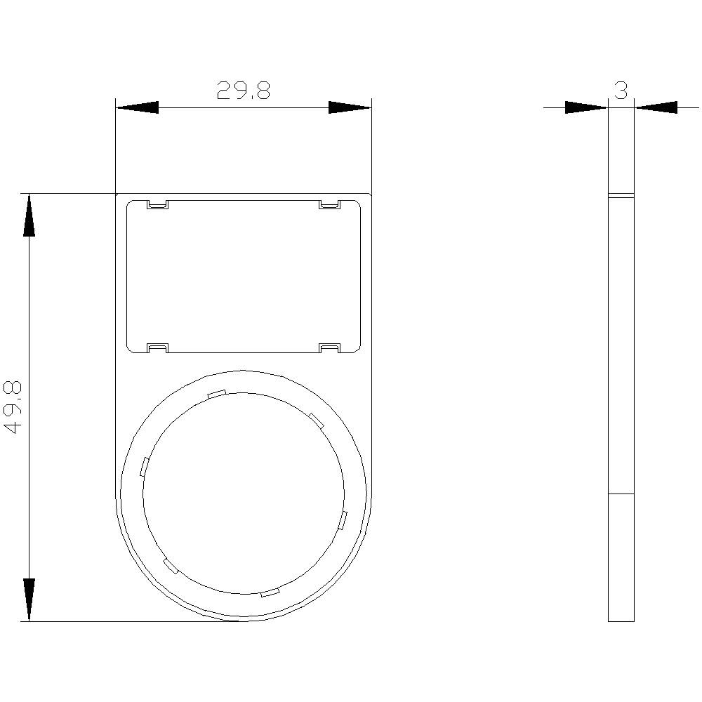Dessin technique d'un objet rectangulaire avec un élément circulaire en dessous. Dimensions : largeur 29,8 mm, hauteur 49,8 mm, épaisseur 3 mm.