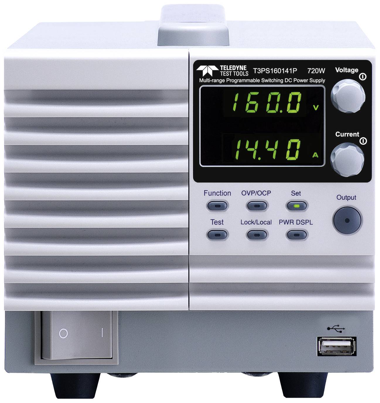 Alimentation DC programmable avec affichage numérique indiquant '160,0 V' et '14,40 A'. Plusieurs touches de fonction et port USB disponibles.
