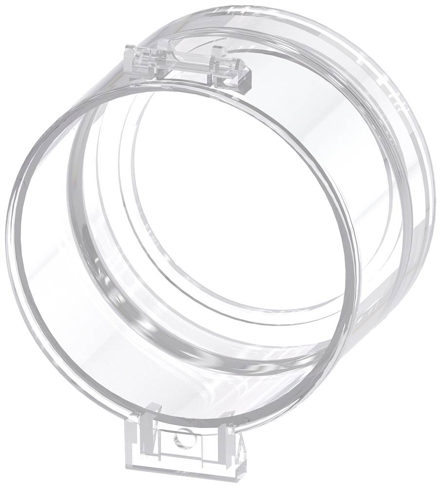 Tube cylindrique transparente en plastique avec une petite pince de fixation sur le dessus, sur fond blanc.