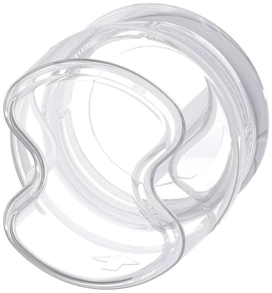 Un couvercle en plastique transparent, rond, avec une ouverture ondulée.