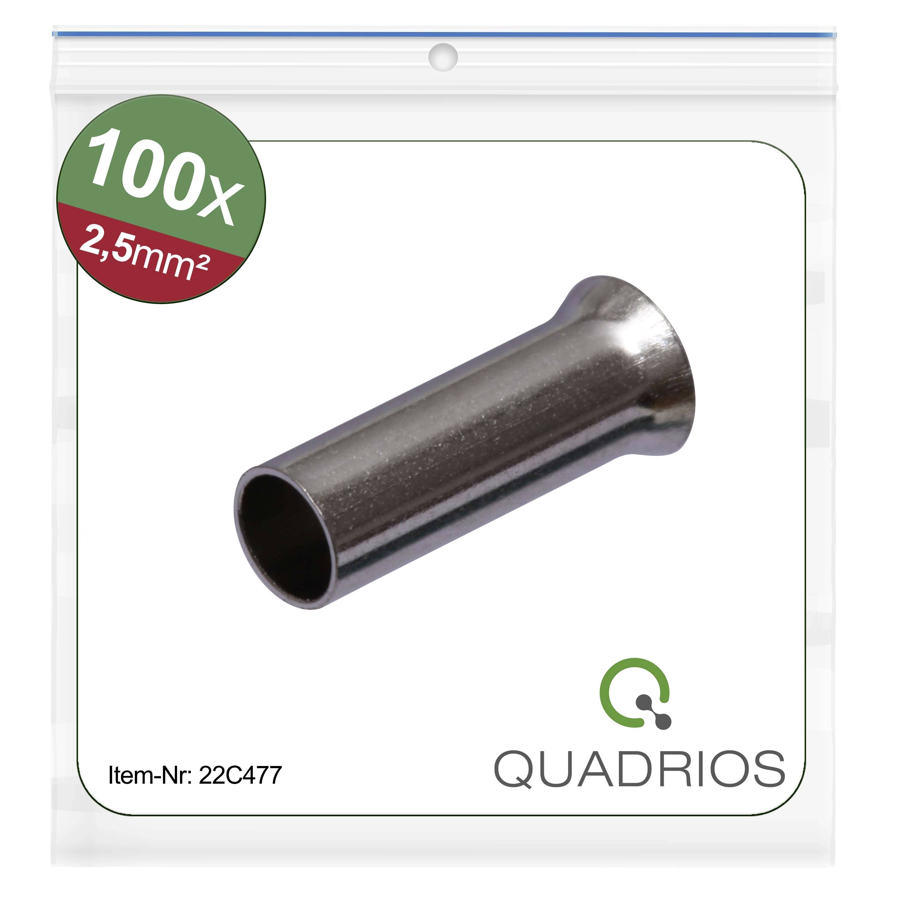 Un emballage transparent présente 100 embouts de câble argentés de 2,5 mm². En bas à droite figure 'QUADRIOS', et en dessous 'Réf. article : 22C477'.