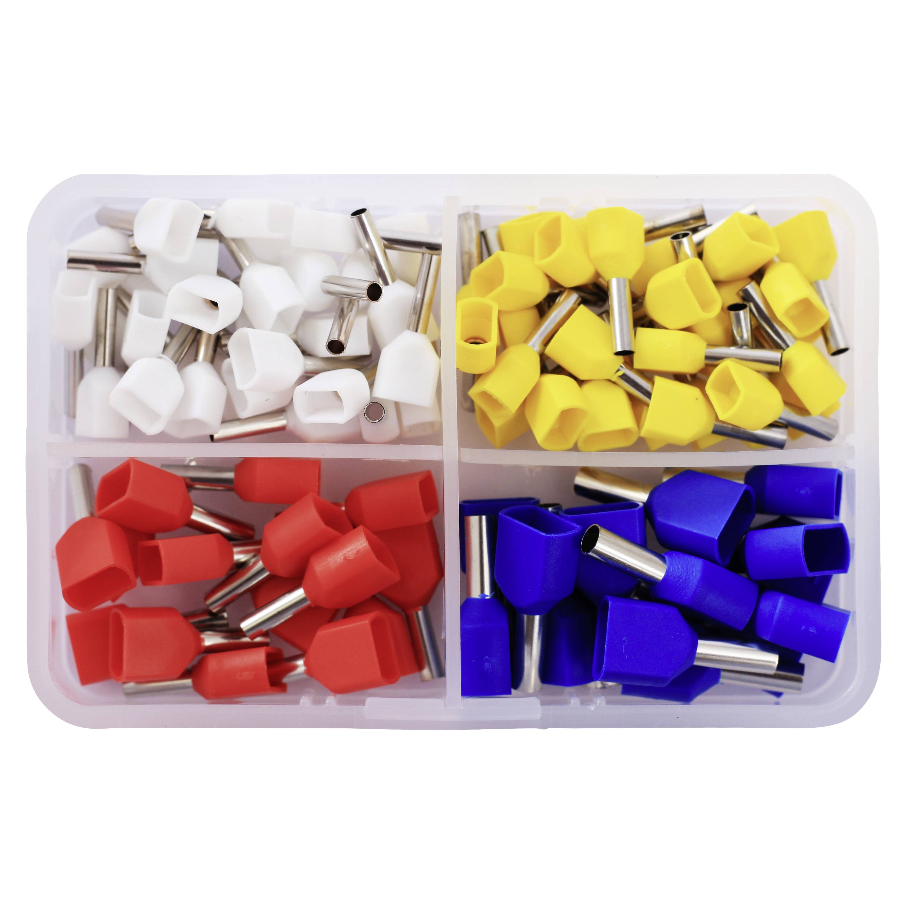Une boîte de rangement contenant des embouts de câble isolés en quatre couleurs : blanc, rouge, jaune et bleu. Chaque couleur dispose de son propre compartiment.