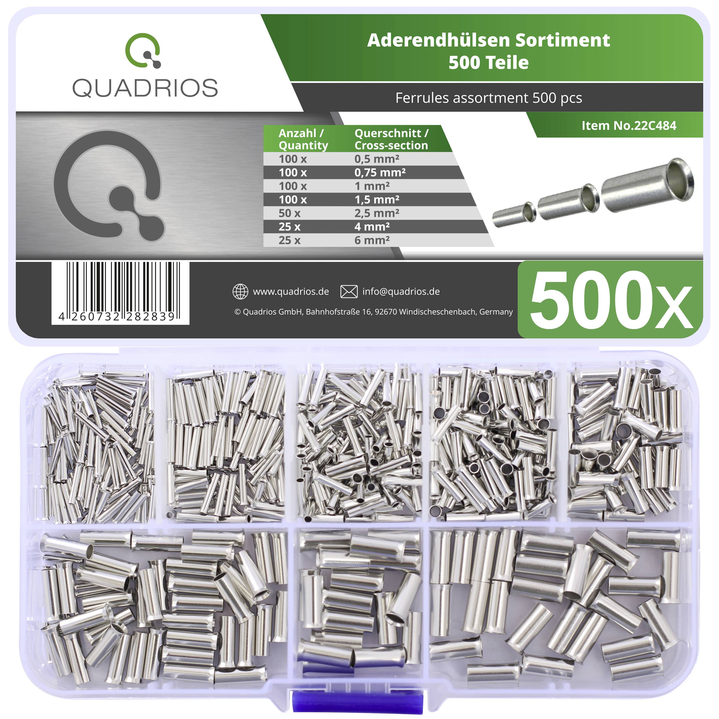 Assortiment de 500 embouts de câble de différentes sections, conditionnés dans un coffret à compartiments, marqué comme article n° 22C484 de Quadrios.