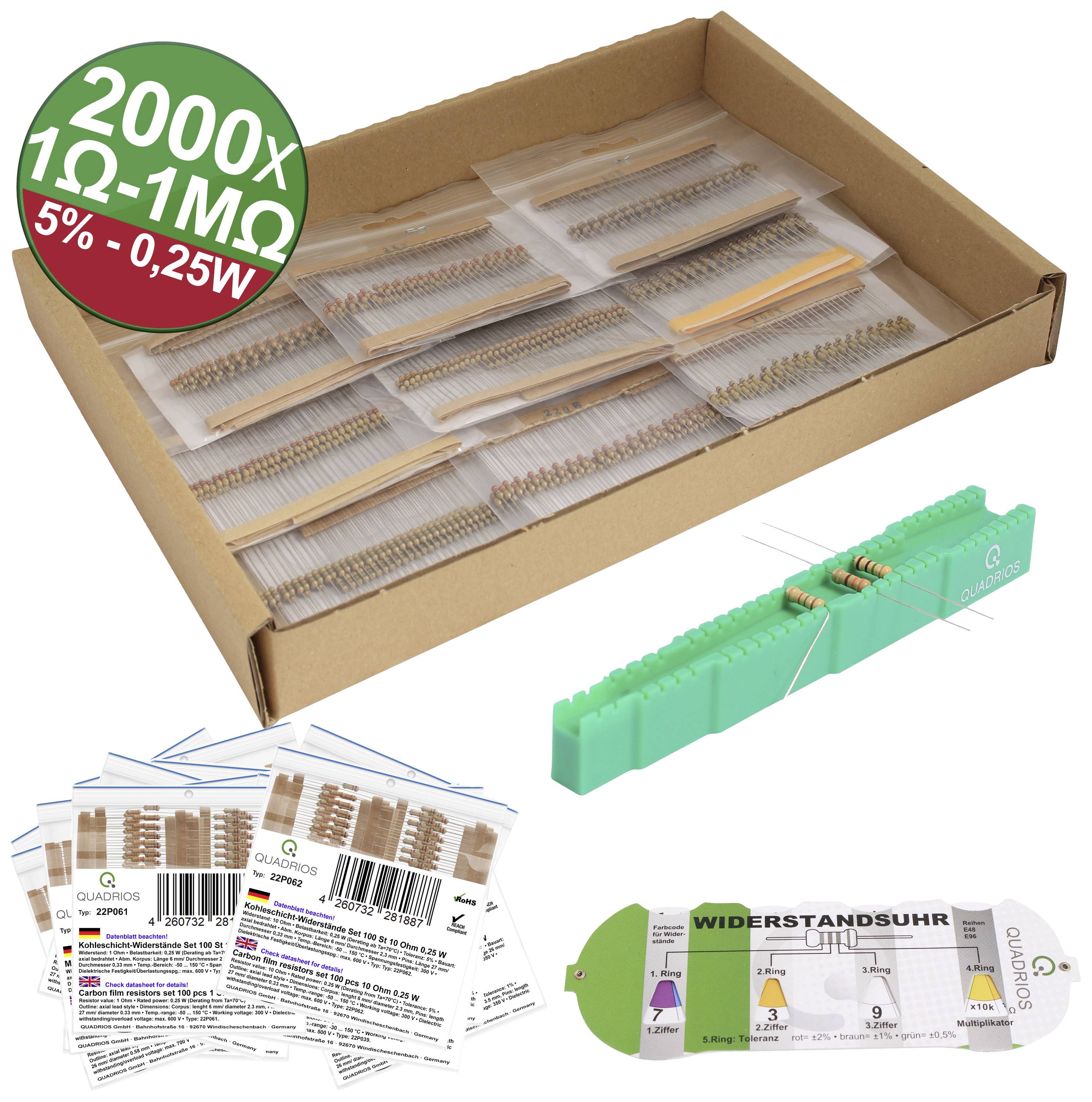Kit de résistances avec 2000 résistances de différentes valeurs (1Ω-1MΩ, 5%, 0,25W). Comprend des résistances triées et un appareil de mesure.