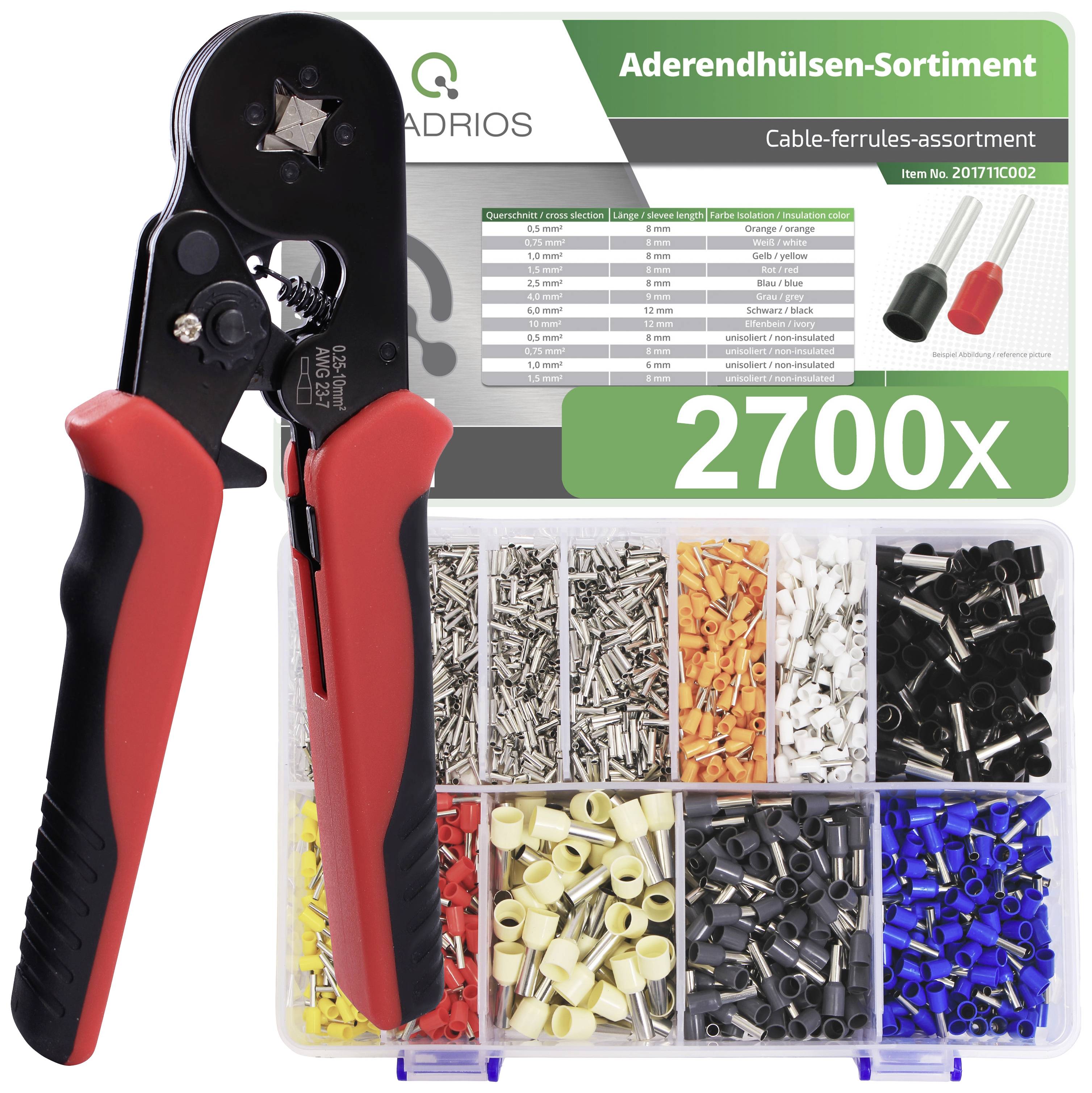 Un ensemble comprenant une pince à sertir et un assortiment de cosses à sertir de différentes couleurs et tailles, soit un total de 2700 pièces.