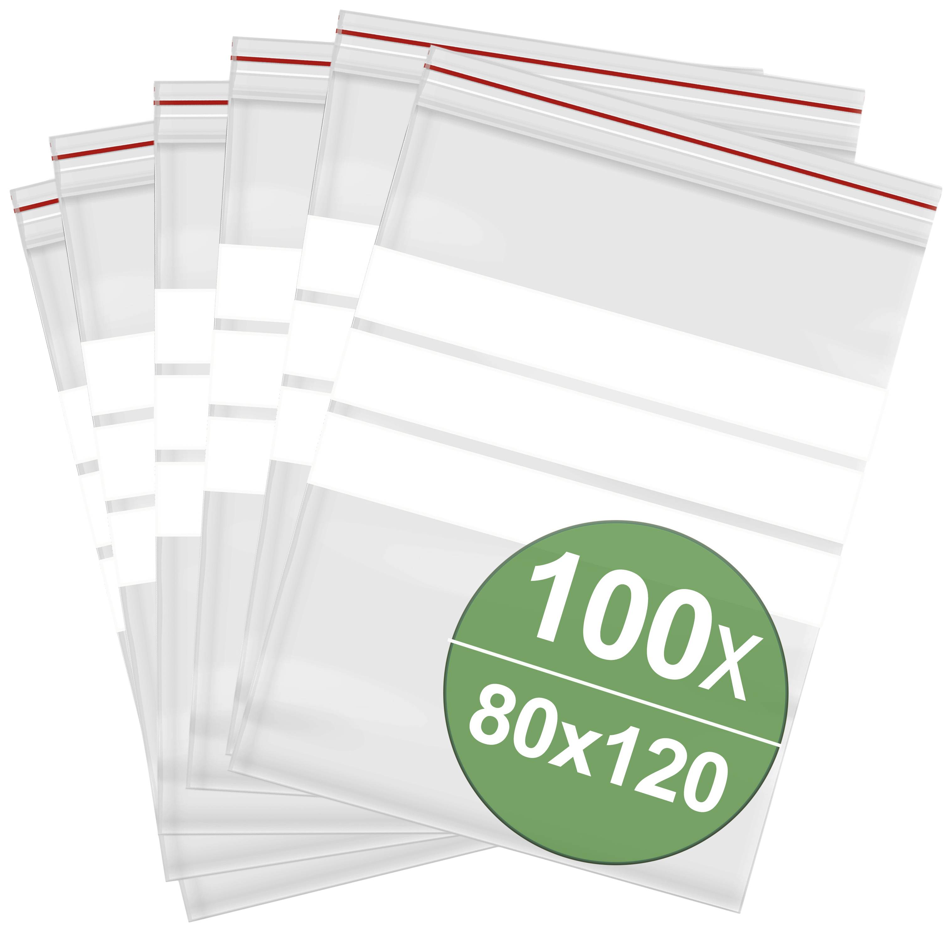 Sachets en plastique avec fermeture à glissière, transparents, disposés en ensemble. Un badge rond vert indique '100x 80x120', qui représente la quantité et les dimensions.