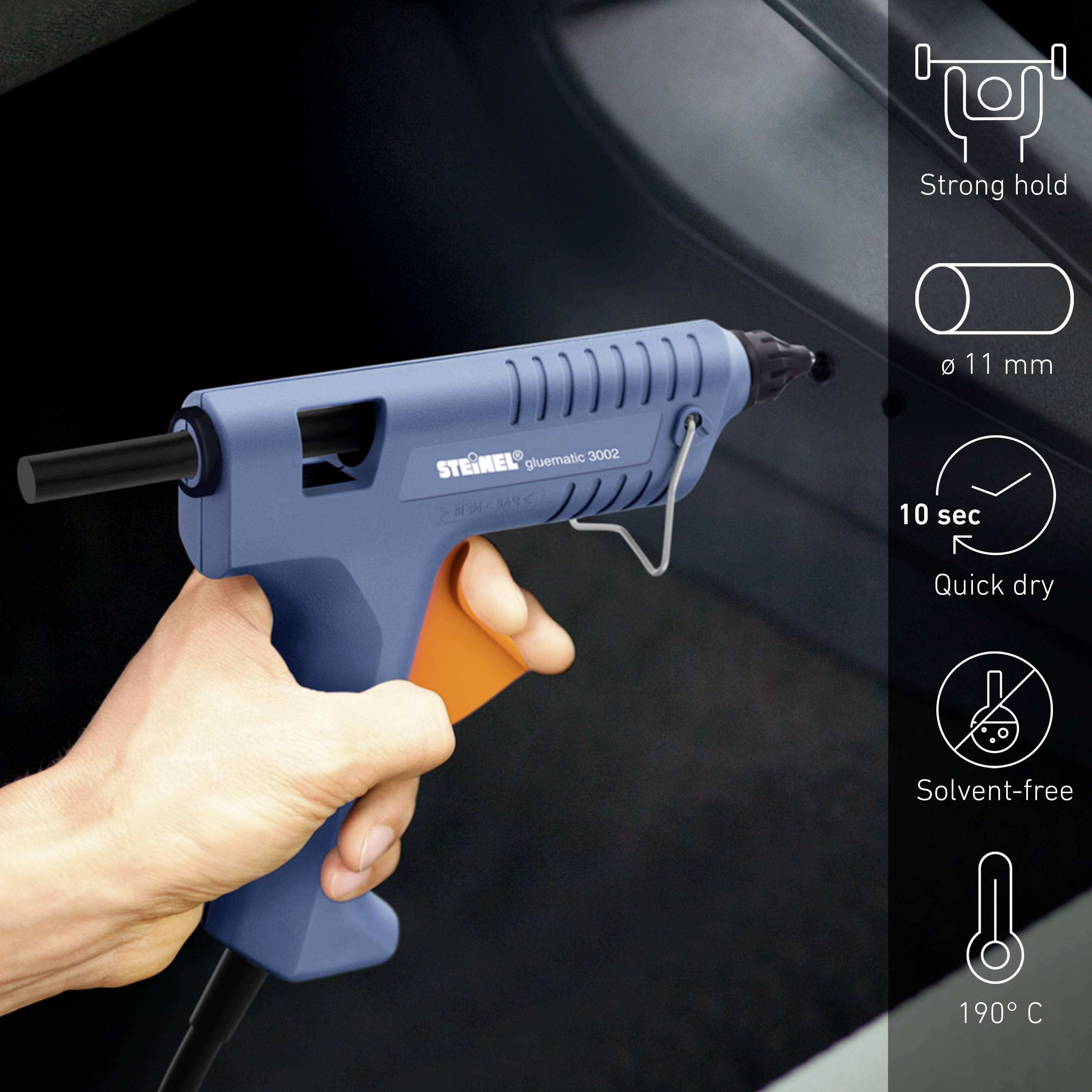 Une personne tient un pistolet à colle chaude bleu. À droite, le texte indique : « Adhérence forte, 11 mm, séchage rapide en 10 sec, sans solvant, 190°C ».