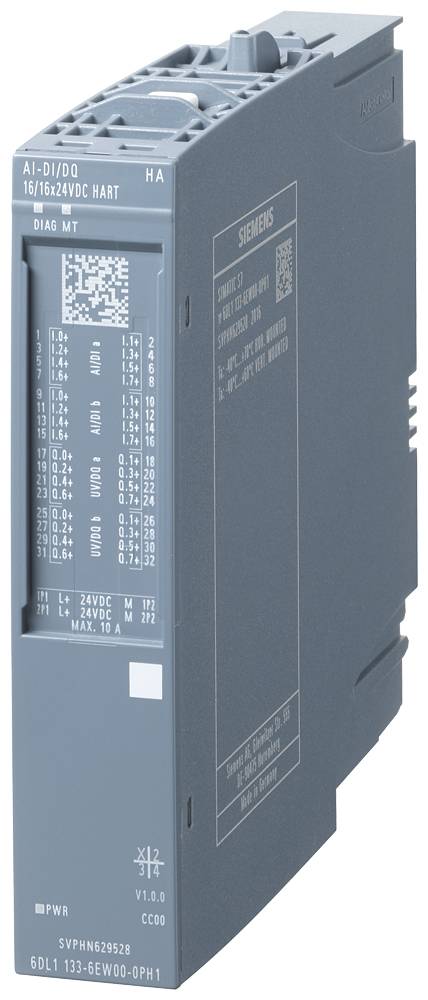 Module électronique gris avec plusieurs connexions et un tableau de spécifications techniques imprimé.
