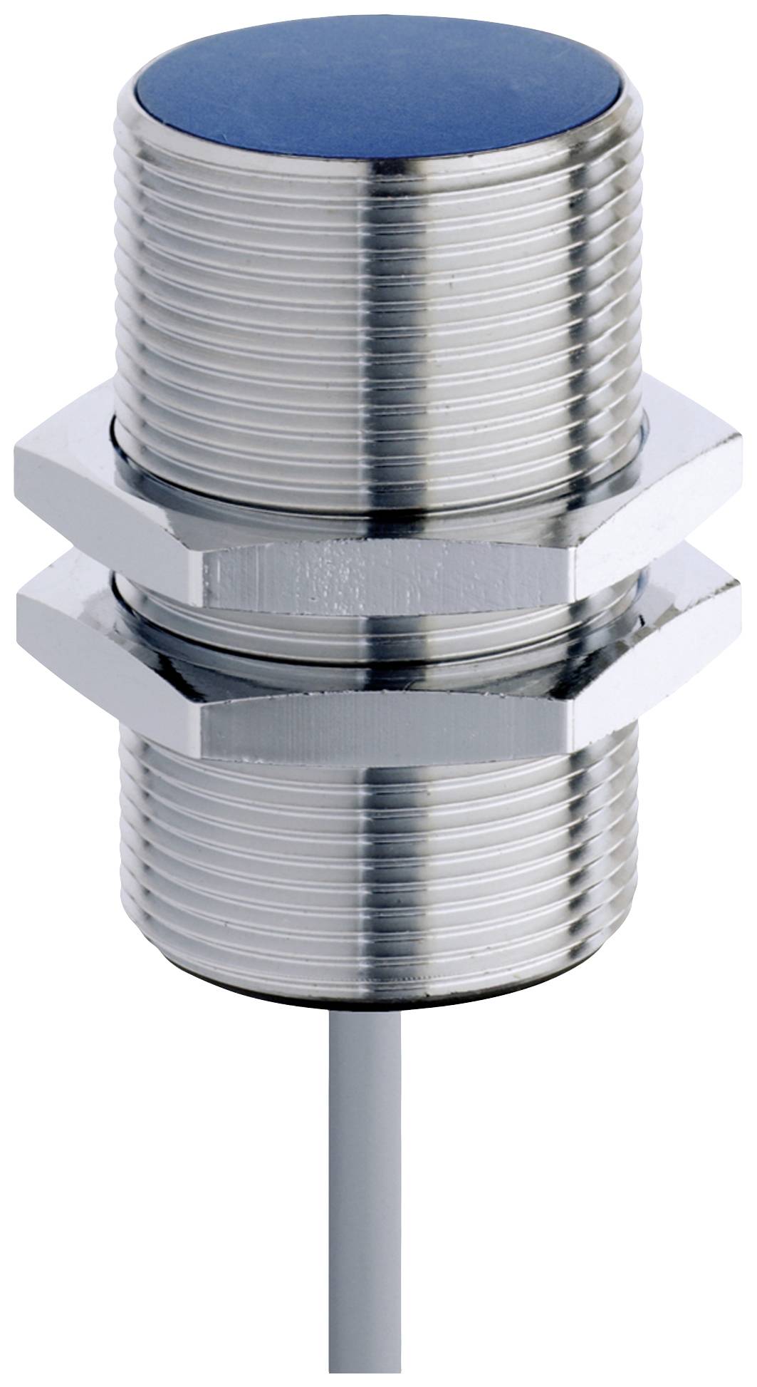 Capteur de proximité métallique cylindrique avec boîtier nervuré et câble à la base. Adapté pour la détection d'objets sans contact.