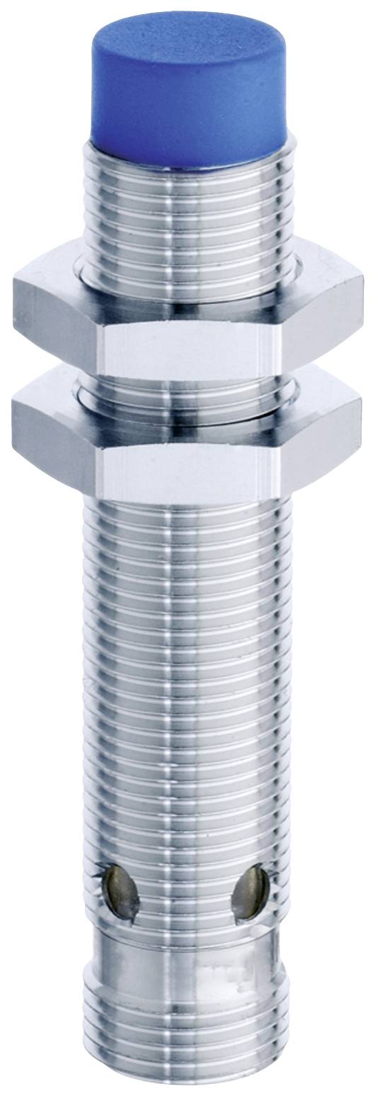 Capteur cylindrique métallique fileté avec tête en plastique bleu, conçu pour détecter la proximité ou le mouvement dans des applications industrielles.